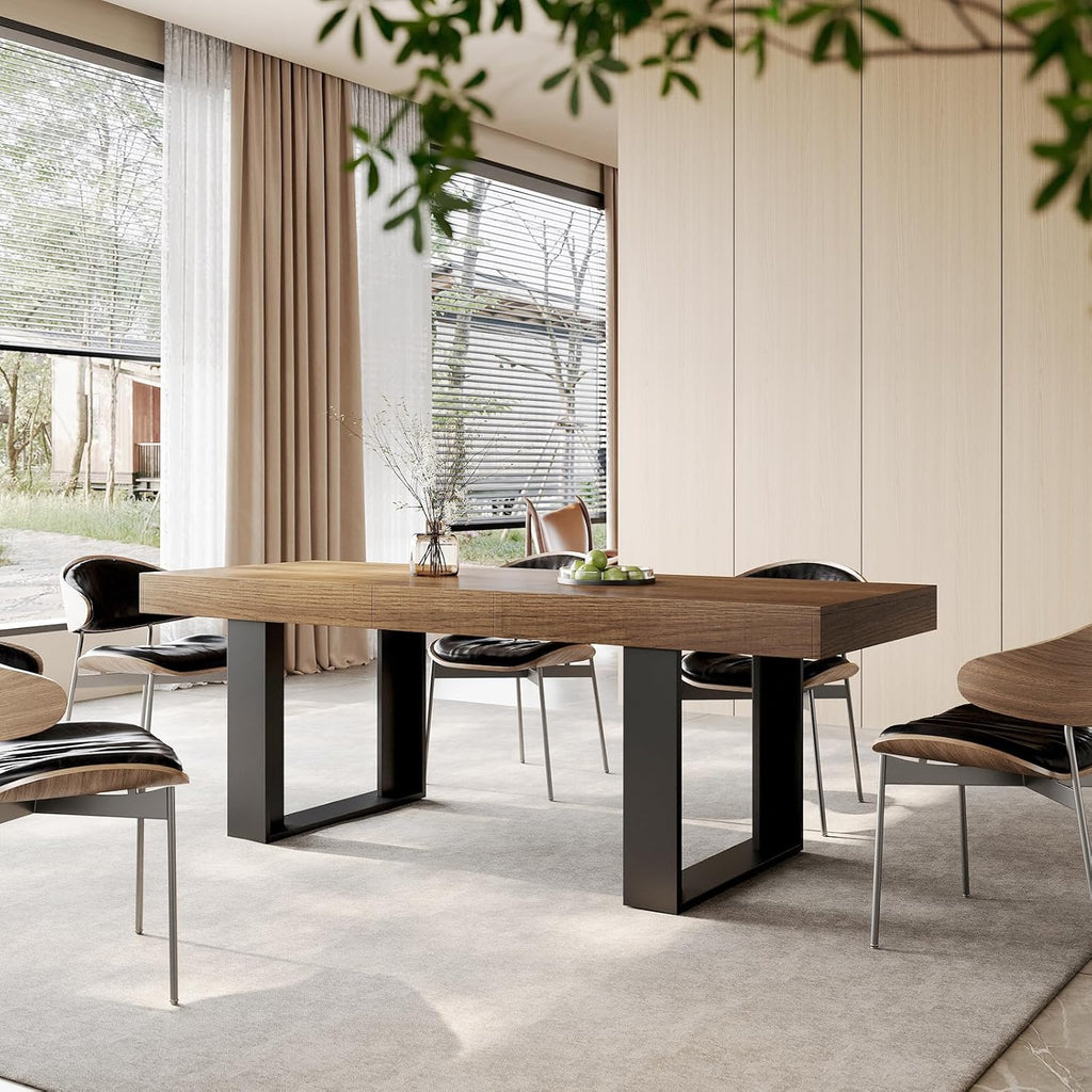 STHOUYN Farmhouse Rustic Extendable Dining Room Table for 8 10, 70.9" (86.6") x 31.5", Rectangular Dinner Table for 6-10, Mid Century Modern Expandable Retractable Wooden Kitchen Table (Brown)