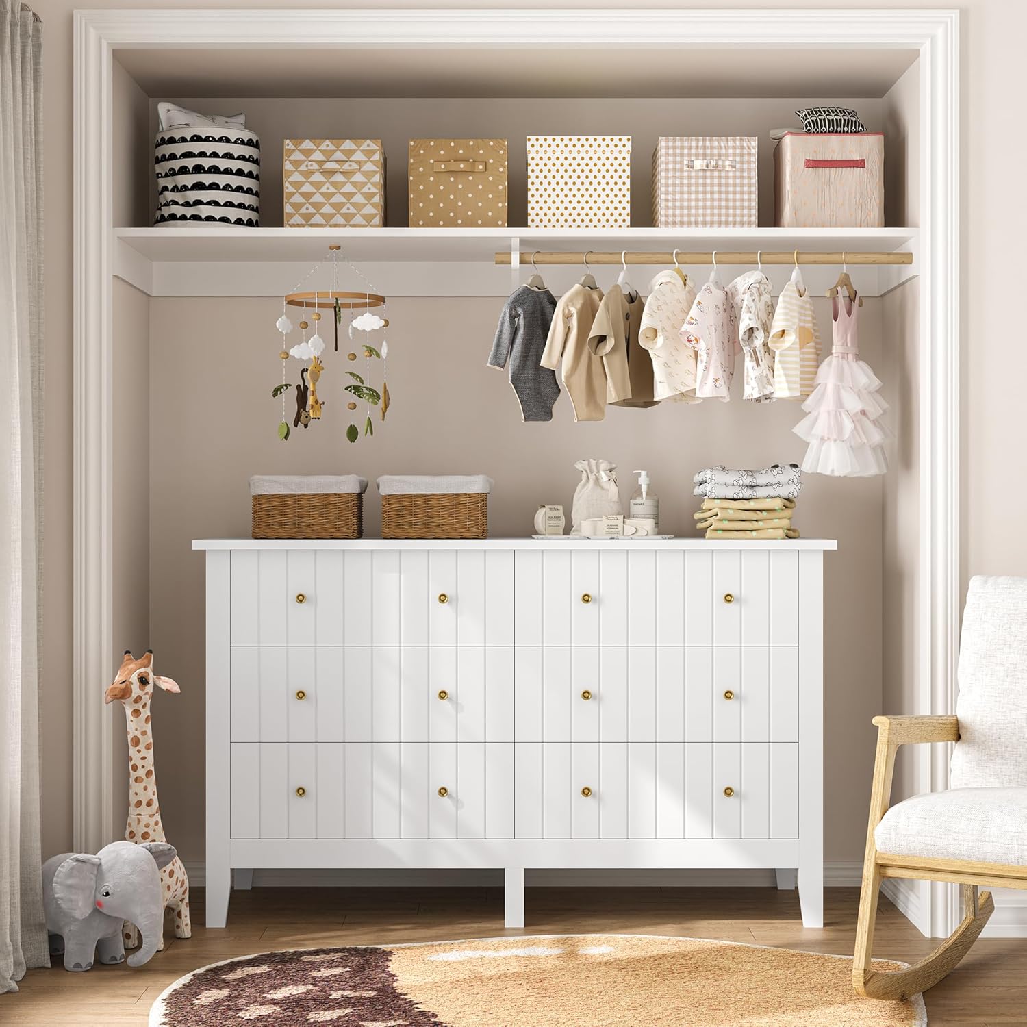 FOTOSOK White Dresser, Chest of Drawers, Modern 6 Drawer Double Dressers with Deep Drawers, Nursery Dresser for Baby, Wide Storage Organizer Cabinet for Living Room, Hallway,White