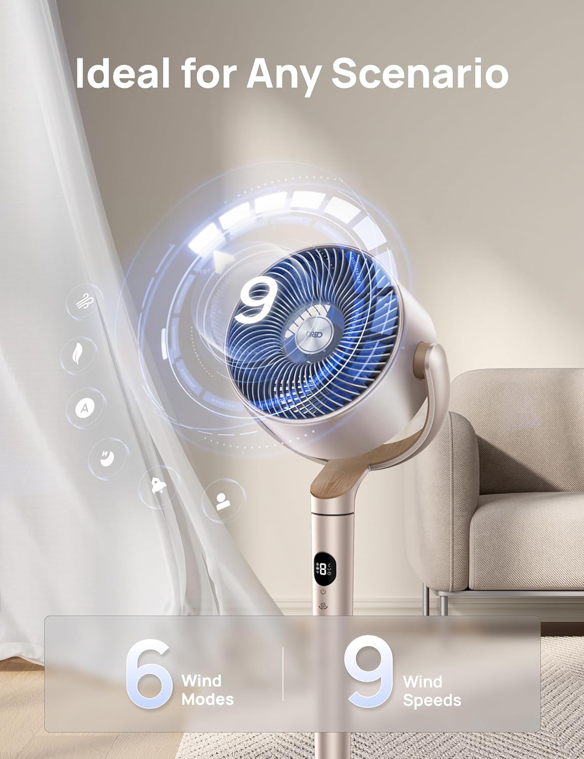 DREO Smart Fans for Bedroom, 120° +120° Omni-Directional Oscillating Fan, 100ft Quiet Pedestal Fan with RGB Light, 9 Speeds, 6 Modes, 20dB, 8H Timer, Wi-Fi/Voice, 35-40" Floor Fans, Starlight