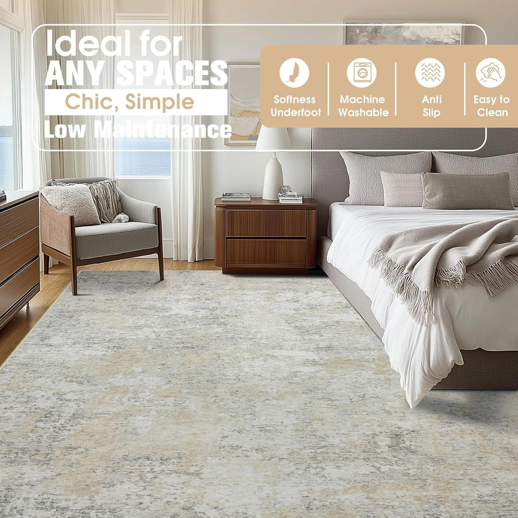 9x12 Area Rugs for Living Room Rug Washable: Abstract Large Rug for Dining Room Bedroom Carpet Non Slip 9 by 12 Indoor Modern Nursery Home Office Beige Grey