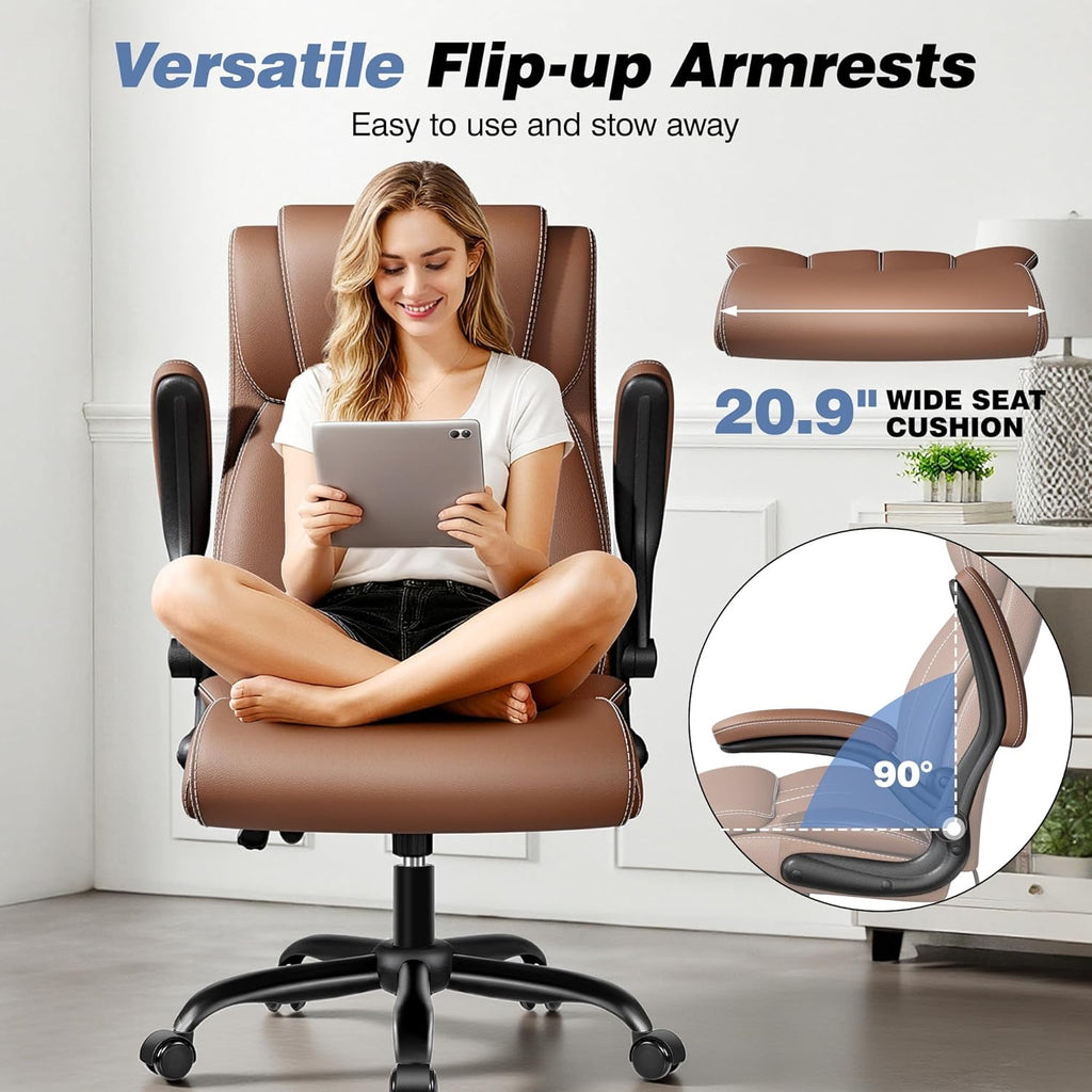 BESTFAIR Ergonomic Office Chair - Home Desk Computer Chair, Leather High Back Executive Chairs with Adjustable Lumbar Support & Flip-up Arms, Rocking Swivel Comfy, Brown