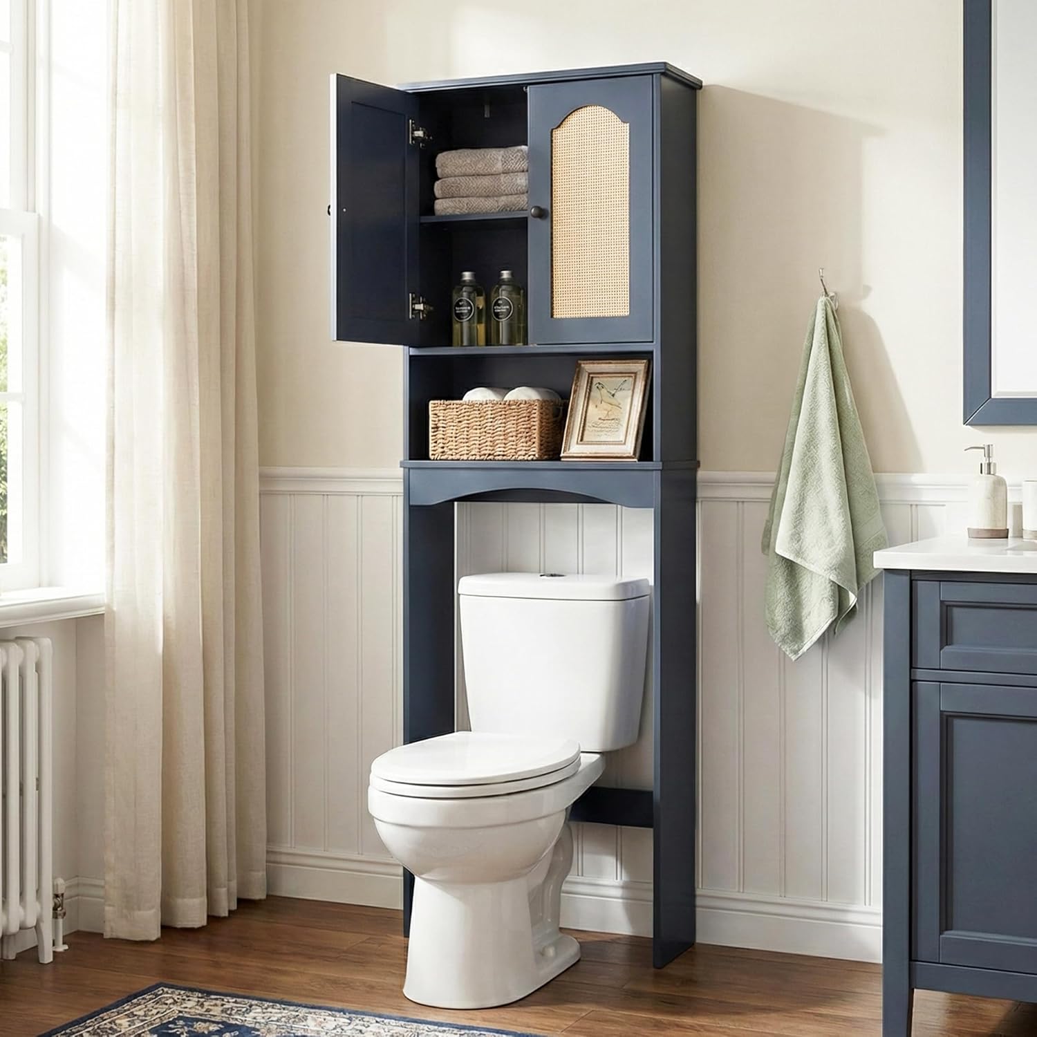 Premium Over The Toilet Storage Cabinet, Boho & Farmhouse Rattan Bathroom Organizer, Adjustable Bottom Bar for Water Valve Clearance, Navy Blue P2 MDF, 24"x70"