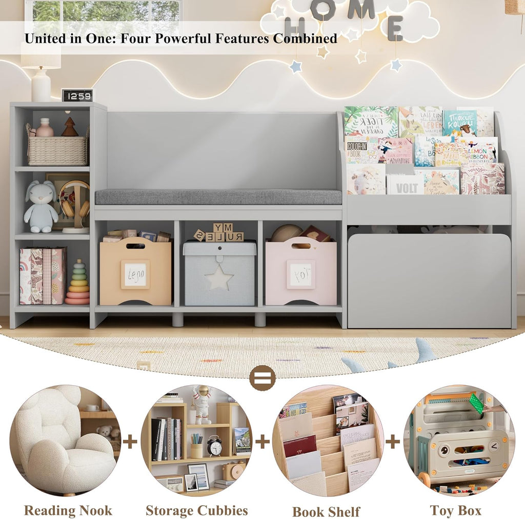 HOSTACK 67" W Kids Reading Nook with Toy Storage Organizer, Large Kids Bookshelf with Toy Storage Box on Wheels, Big Kid Bookcase with Bench and 6 Open Cubbies for Playroom, Kid Room, Grey