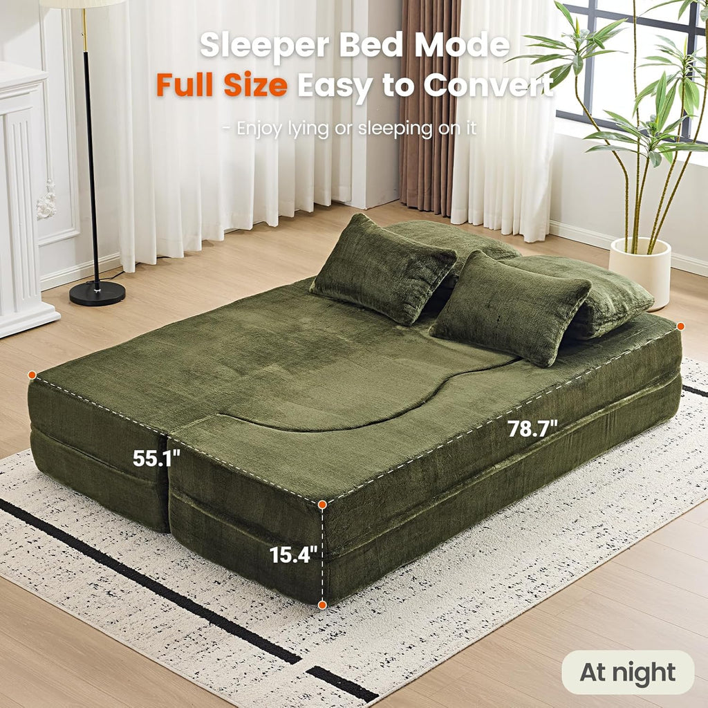 Convertible Folding Sofa Bed, 78” Full Size Loveseat Sleeper Sofa, Chenille Foldable Boneless Floor Couch with 4 Pillows for Guest Living Room Bedroom, No Assembly Required (Green)