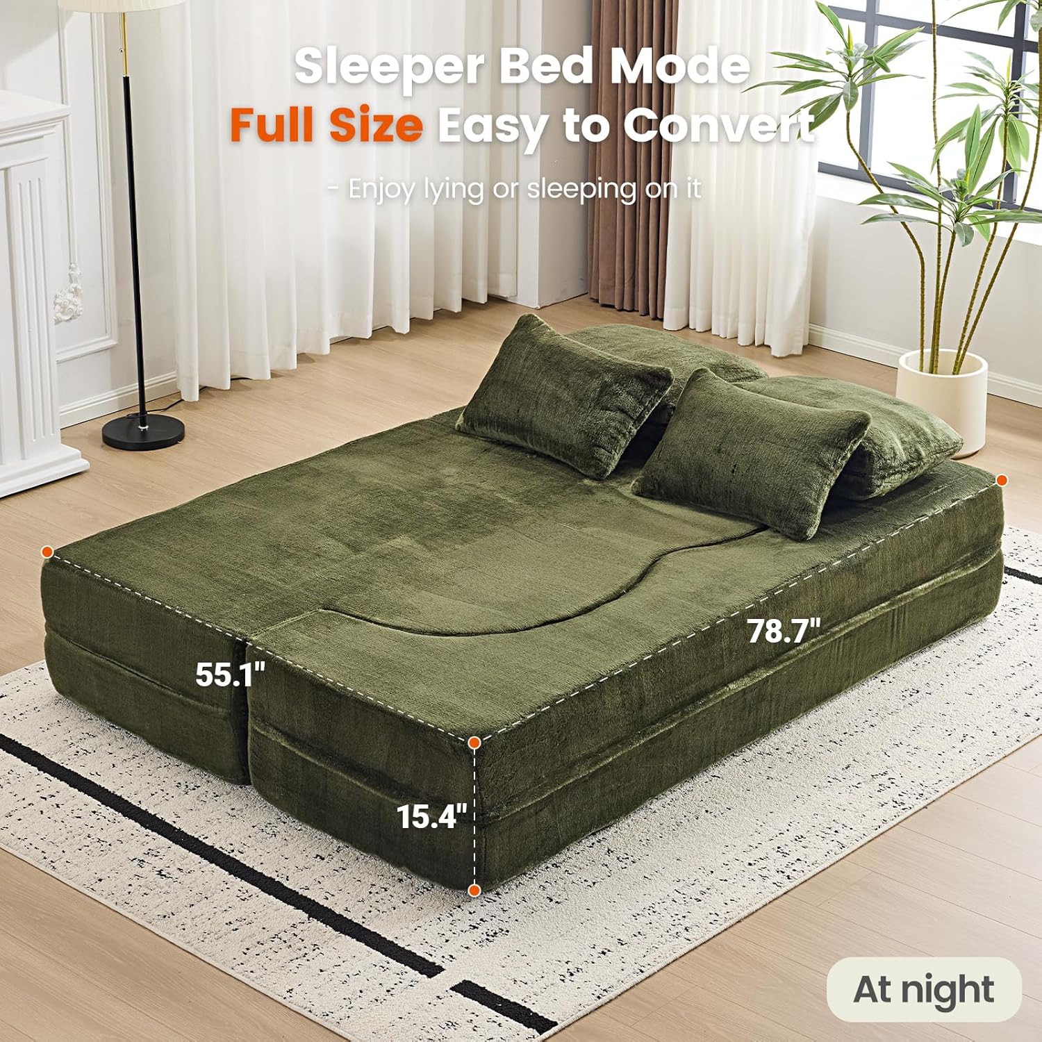 Convertible Folding Sofa Bed, 78” Full Size Loveseat Sleeper Sofa, Chenille Foldable Boneless Floor Couch with 4 Pillows for Guest Living Room Bedroom, No Assembly Required (Green)