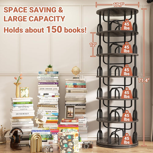 Aheaplus 6 Tier Rotating Bookshelf Tower, Revolving Bookcase, 360° Round Spinning Book Shelf, Narrow Swivel Bookshelves Vertical Turning Corner Bookshelf Organizer for Small Space, Black Oak