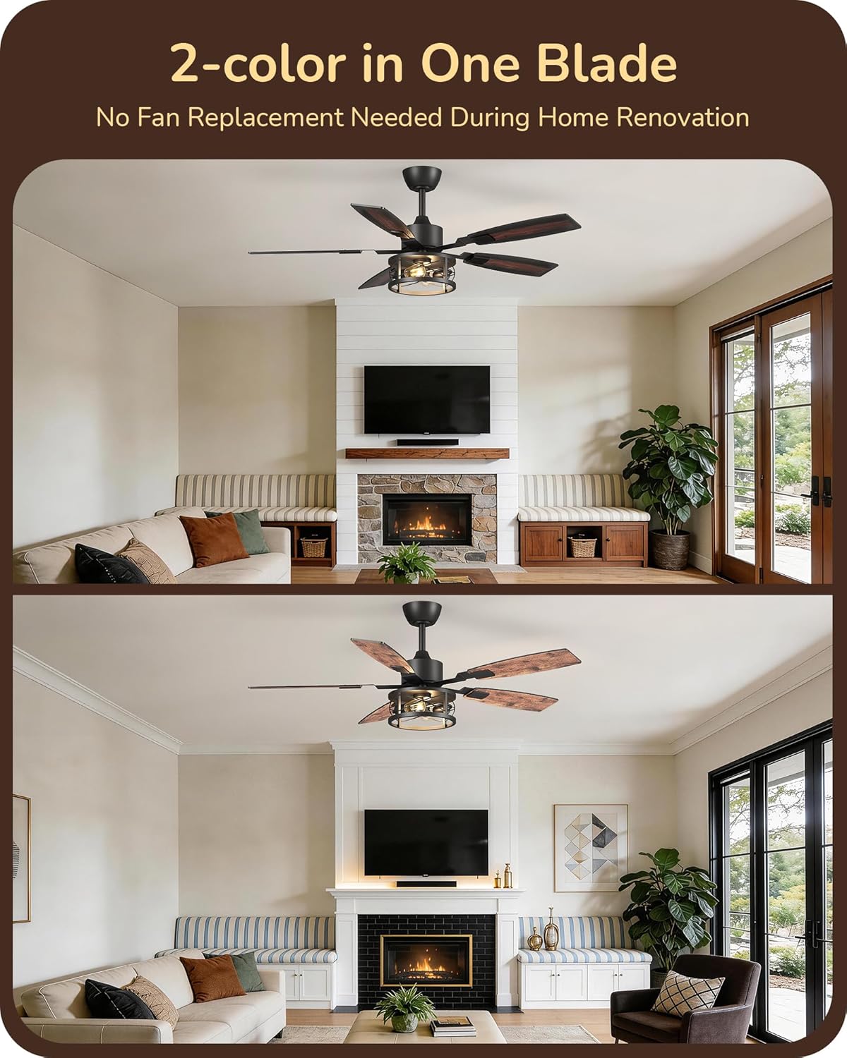 EDISHINE 52" Farmhouse Ceiling Fans with Lights and Remote, 10%-100% Dimmable, Reversible DC Motor, 6 Speed, 5 Wooden Blades, Timer, Rustic Caged Fandelier Ceiling Fan for Living Room, Bedroom