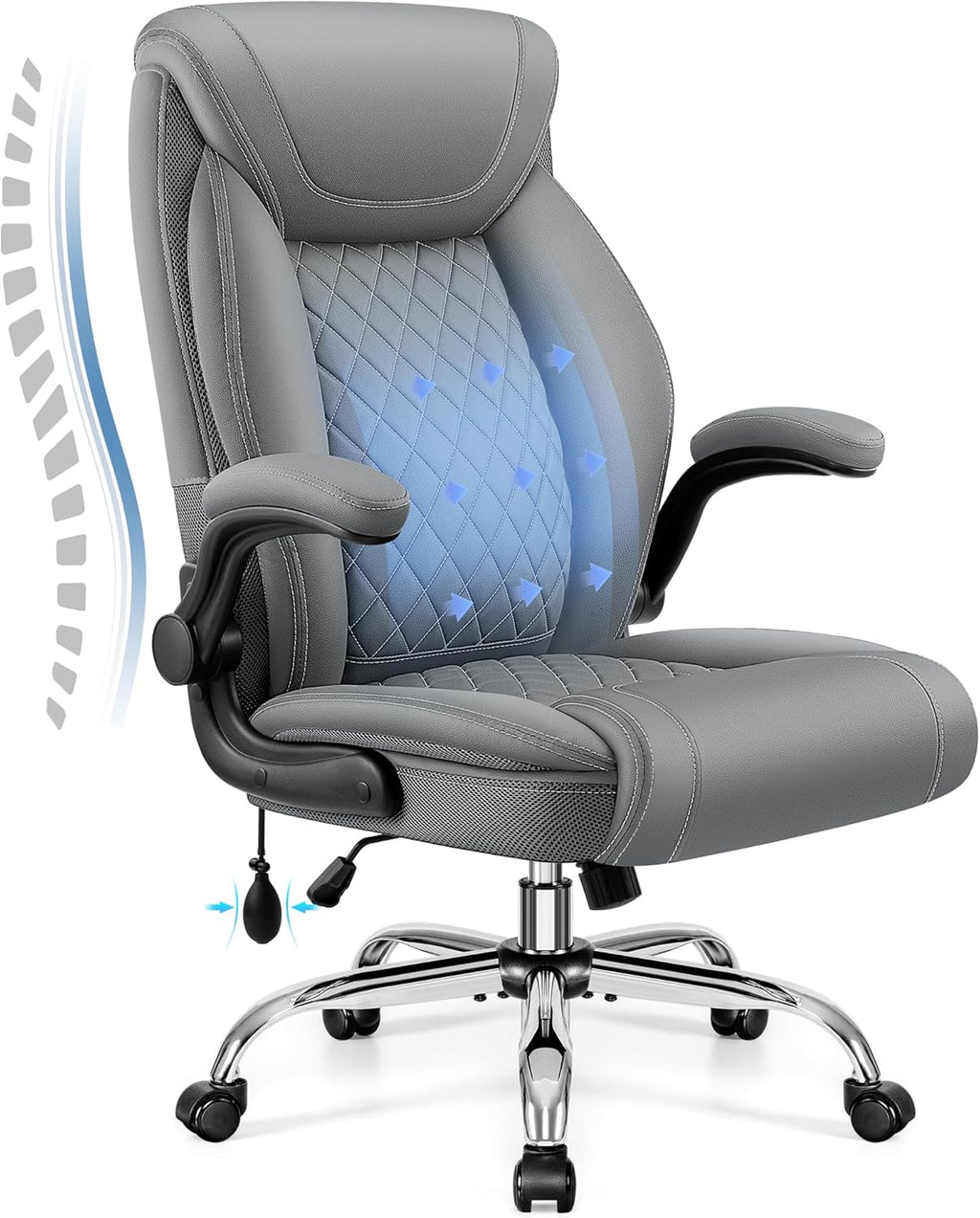 Office Chair, Big and Tall Ergonomic Desk Chair, Executive Leather Computer Chair with Adjustable Lumbar Support, Comfy Gaming Chair with Flip Up Arms, Swivel PC Chair with Rocking Function, Gray