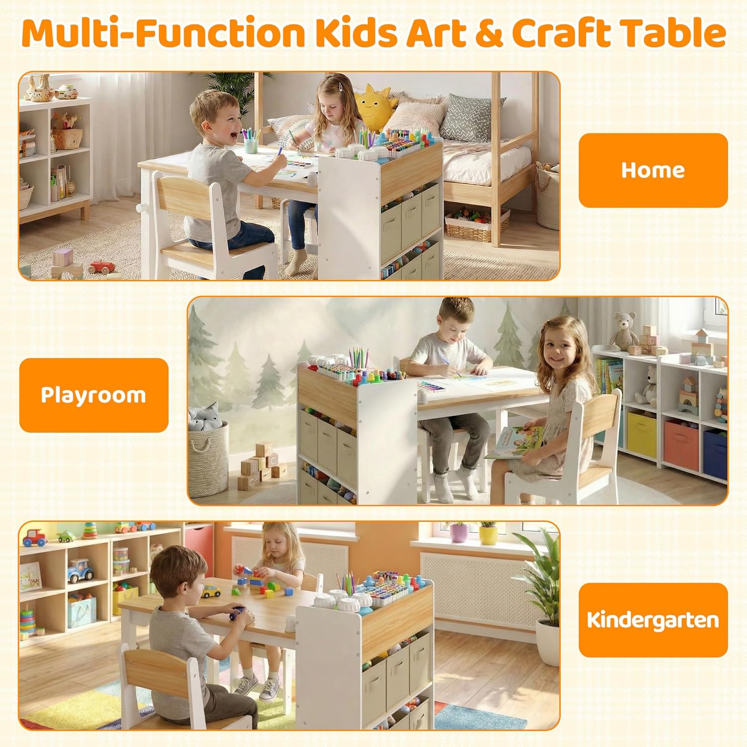 GITAWUSA Kids Art Table and Chairs, Wooden Kids Craft Table and Chairs with Storage Bins and Paper Roll, Toddler Activity Play Desk for Drawing/Learning/Read, Toddler Table and Chair Set for Boy/Girl