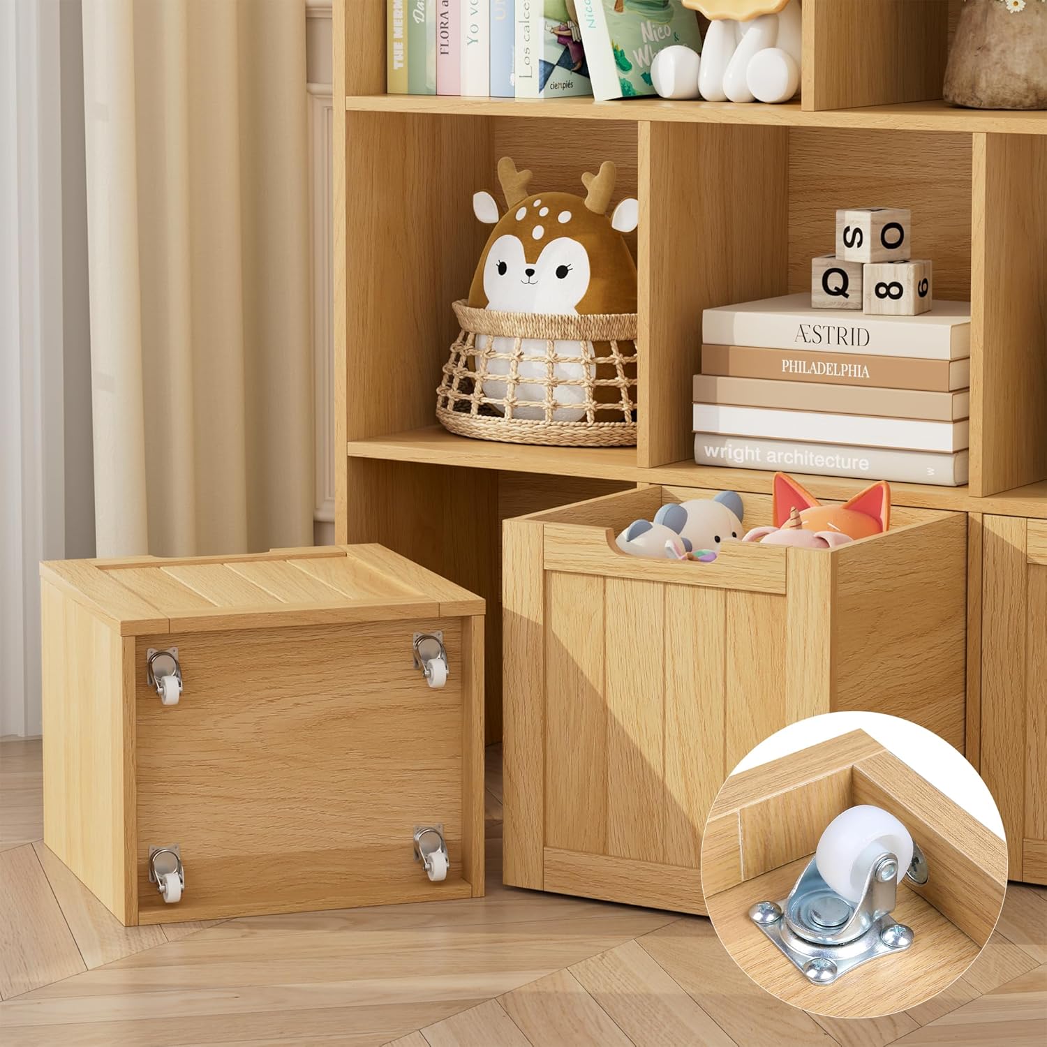 FOTOSOK Toy Storage Organizer with 3 Movable Drawers, Floor Storage Cabinet Toy Chest with Hidden Wheels and 5 Storage Cubbies, Multifunctional Storage Chest for Playroom, Natural