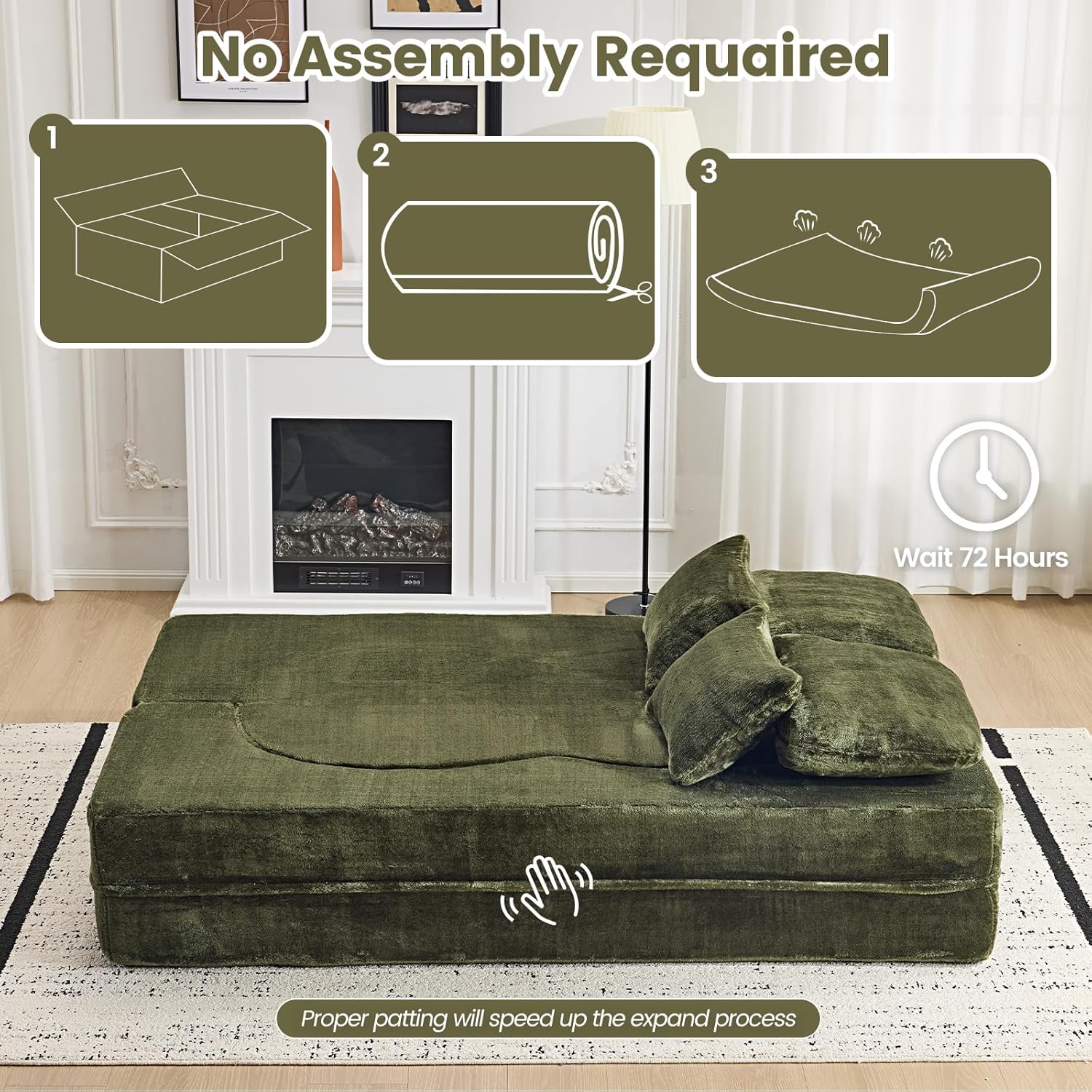 Convertible Folding Sofa Bed, 78” Full Size Loveseat Sleeper Sofa, Chenille Foldable Boneless Floor Couch with 4 Pillows for Guest Living Room Bedroom, No Assembly Required (Green)