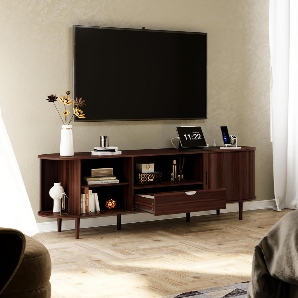 DHH 71" Fluted TV Stand with Power Outlet for TVs up to 80", TV Console with Adjustable Shelves and Sliding Door,Mid Century Modern Entertainment Center for Living Room,Bedroom (Walnut, 71Inch)