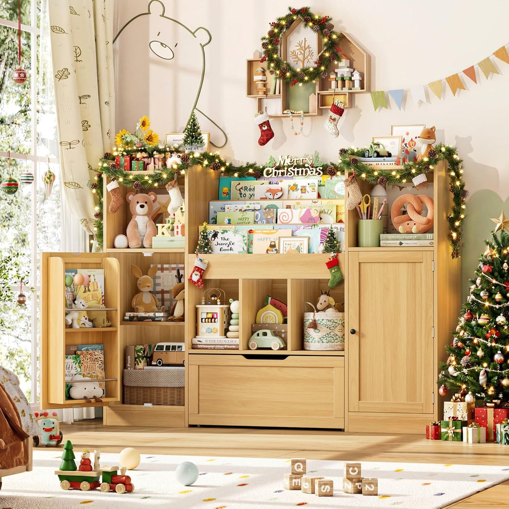 FOTOSOK Toy Storage Organizer with 2 Doors and Movable Drawer, 55.2'' W Toy Organizers and Storage with 9 Cubbies, Kids Bookshelf with Toy Shelf, Playroom Storage Toy Chest Cabinet for Playroom