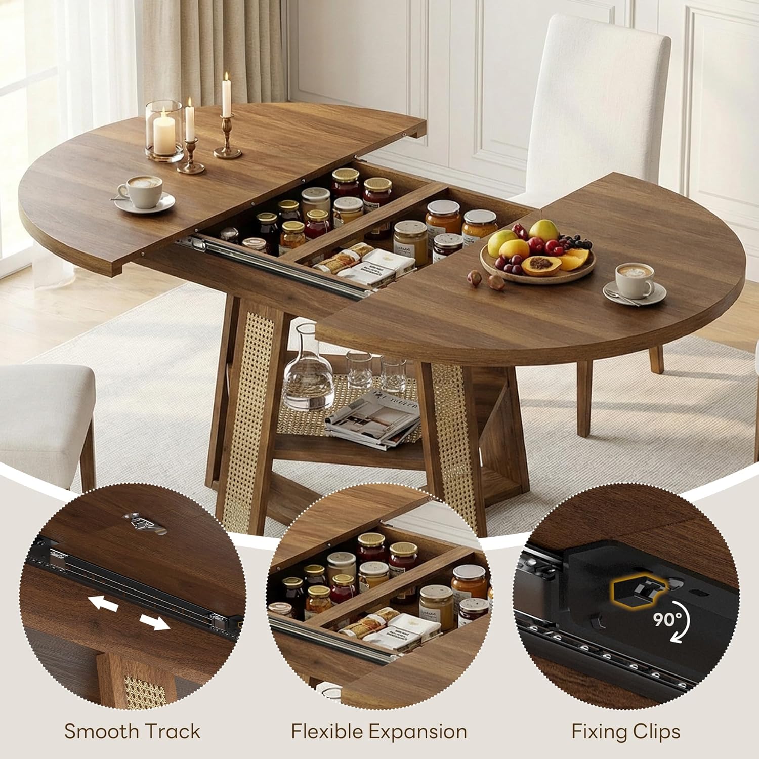 LIKIMIO 43"-59" Extendable Round Dining Table for 4-8, Transformer Oval Dining Room Table with Removable Leaves Space Saving, Wood Base Kitchen Table with Storage Shelf for Living Room, Walnut