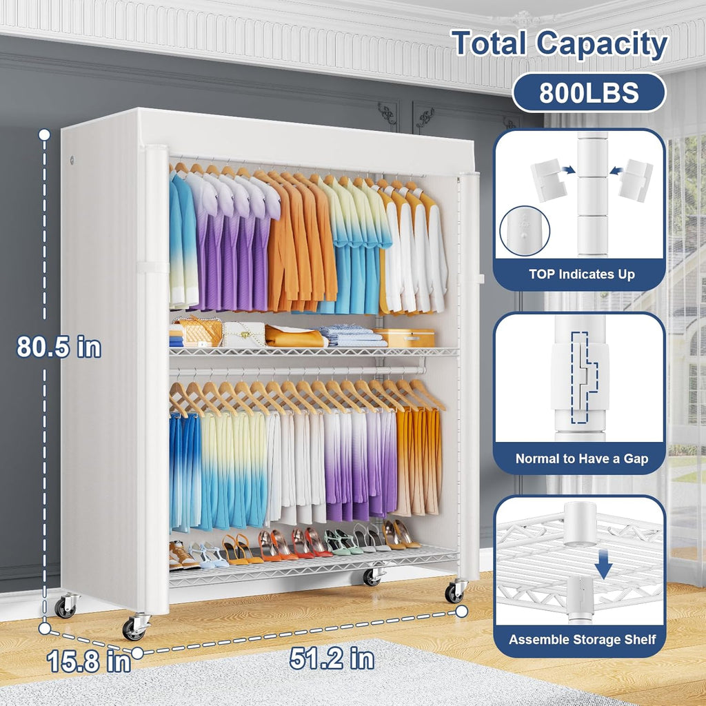 ULIFHOME P8C Max Heavy Duty Clothes Rack（With Extended Width Design） Rolling Clothing Racks for Hanging Clothes with Lockable Wheels，51.2"W x 15.8"D x 80.5"H，Load 700LBS，White Rack with White Cover