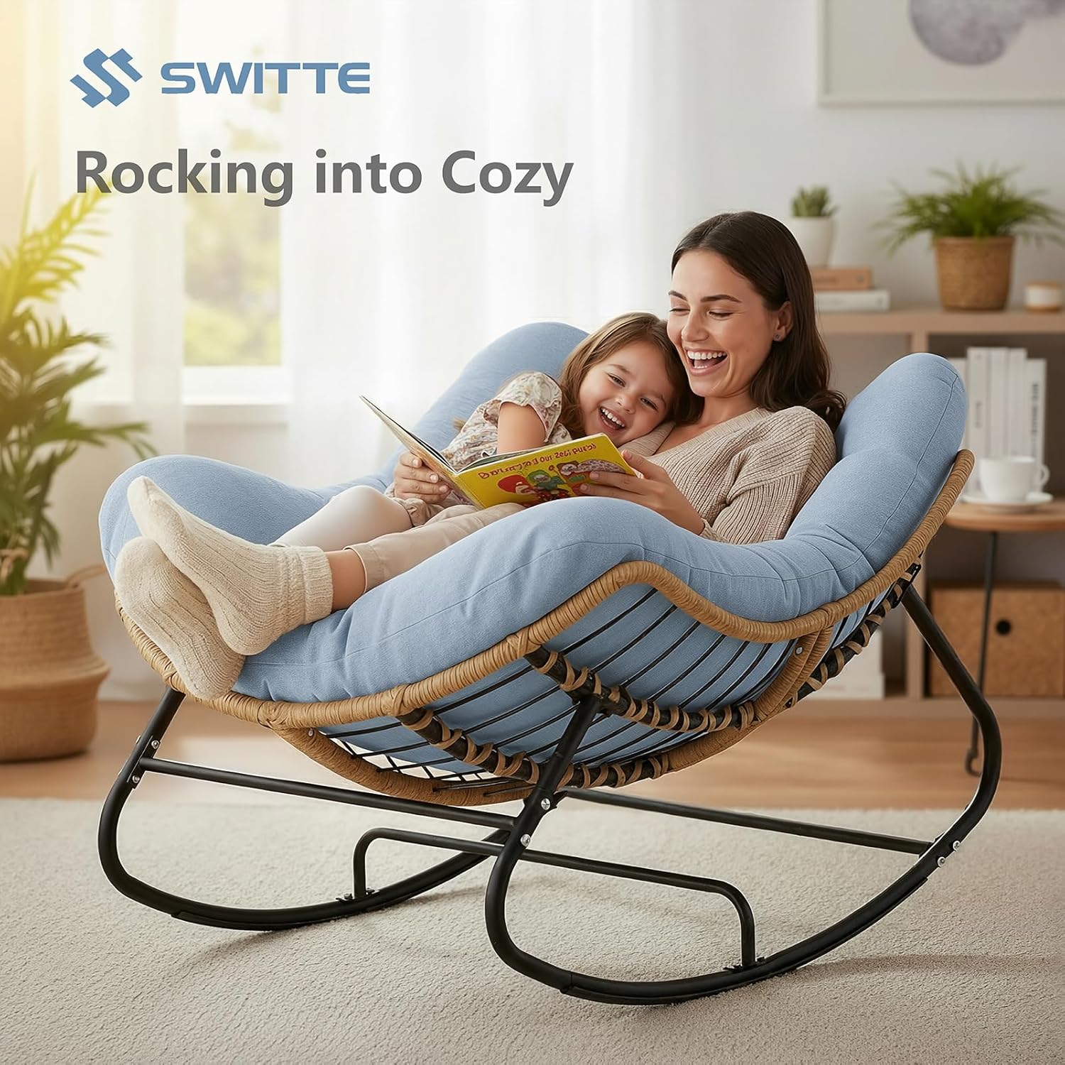 SWITTE Outdoor Rocking Chair, Oversized Patio Papasan Rocker, Comfy Wicker Reading Lounge, Indoor Bed-Like Egg Chair for Bedroom,Balcony, Porch, Garden, Light Blue