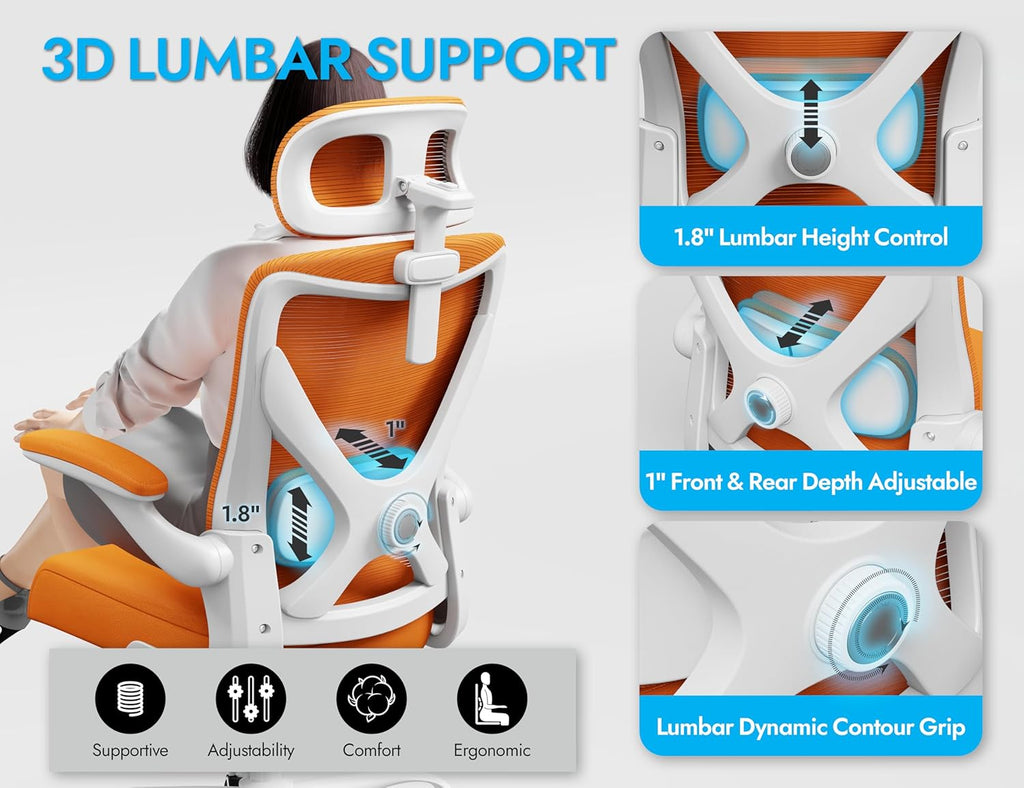 Ergonomic Office Chair - Mesh Desk Chair with Adjustable Lumbar Support High Back Computer Gaming Chairs - Big and Tall Office Chairs Adults, Comfortable for Long Hours, Orange