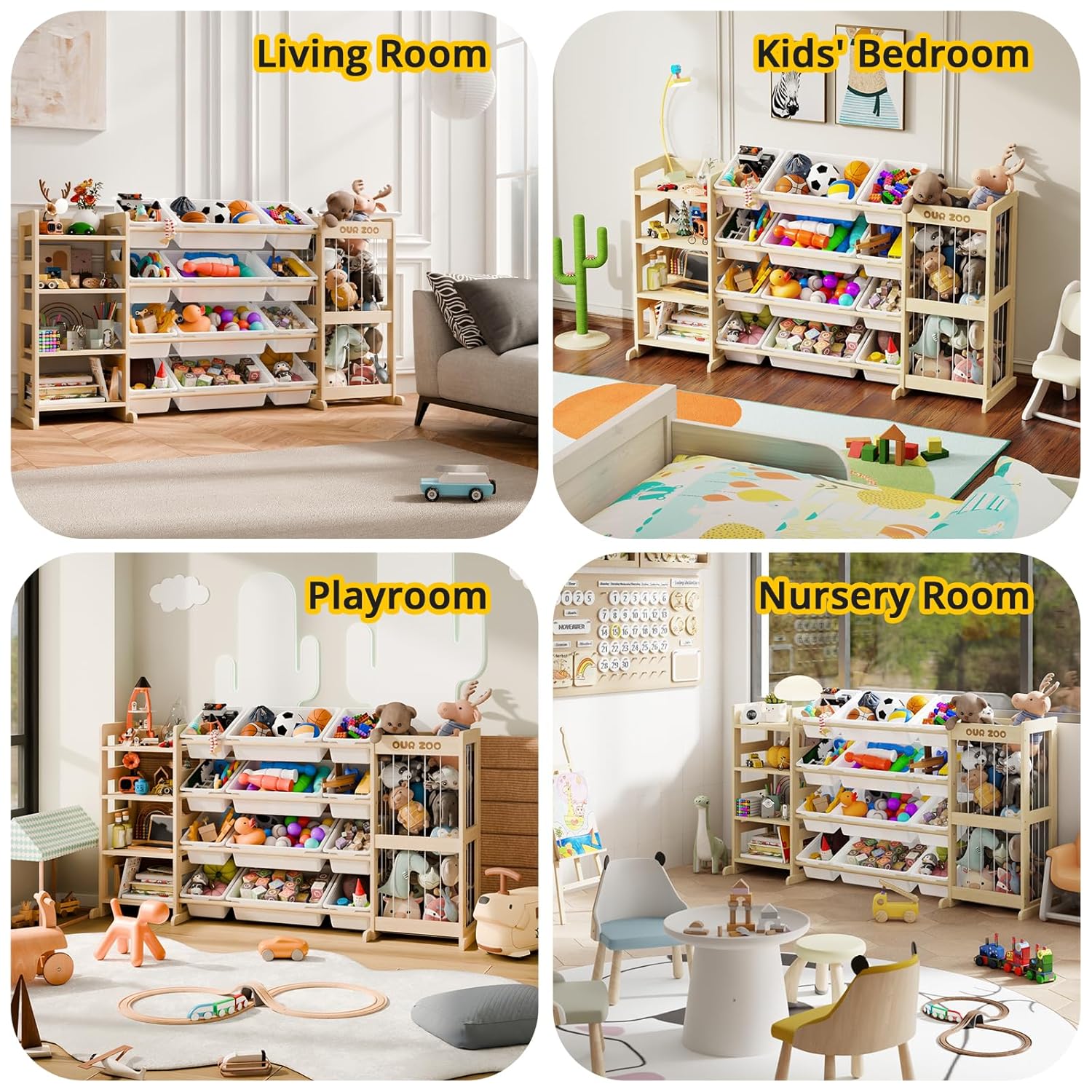 Large Kids Toy Storage Organizer - Toy Organizers and Storage with Stuffed Animal Storage, Kids Toy Storage Shelf with 12 Plastic Bins, 4-Tier Bookshelf for Kids Room, Playroom, Bedroom, 59 inch
