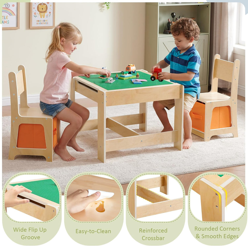 Wooden Kids Table and Chair Set, 3 in 1 Activity Table with Storage Drawer, 2 in 1 Detachable Tabletop Construction Play Table Set for Drawing, Reading