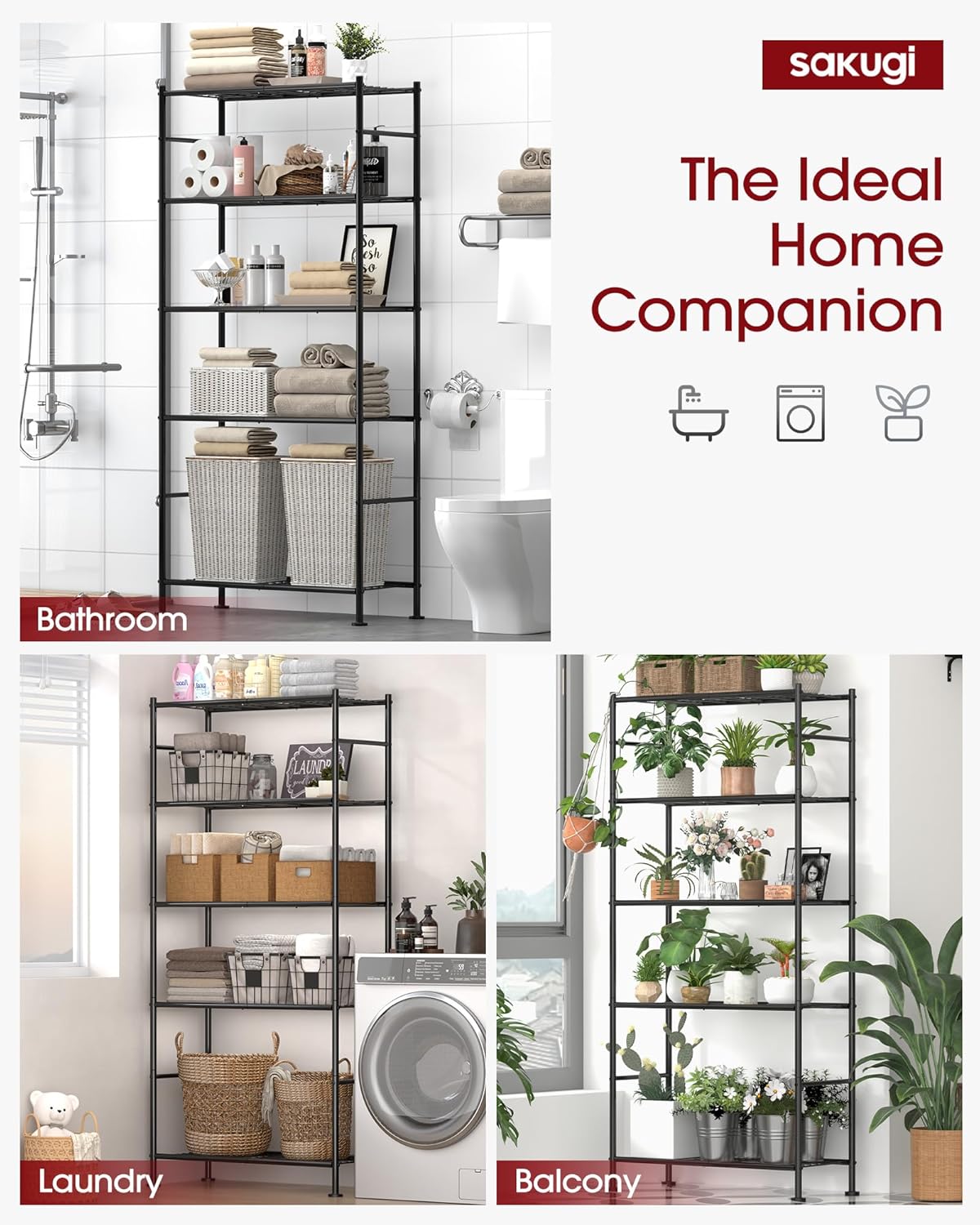 Sakugi Storage Racks - 2 Pack, 5-Tier Freestanding Steel Shelving Units with Reinforced Frame, Adjustable Garage Organization Shelves for Warehouse, Basement, Workshop, 33.5" x 12.6" x 72", Black