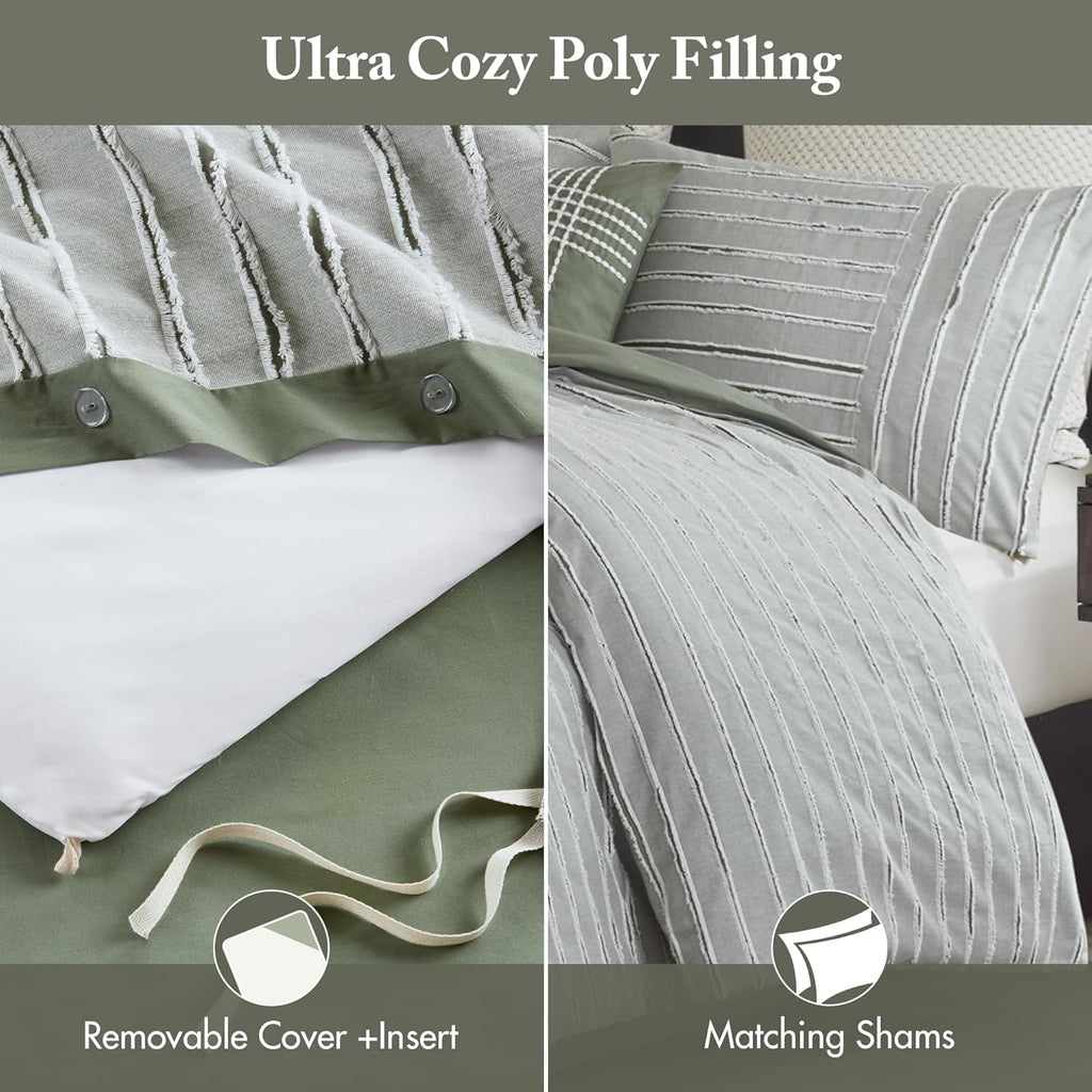 Madison Park Comforter Set Cotton Clipped Jacquard, Oversized Comforters, All Season Down Alternative Overfilled King Size Comforter, Essence, Green 9 Piece