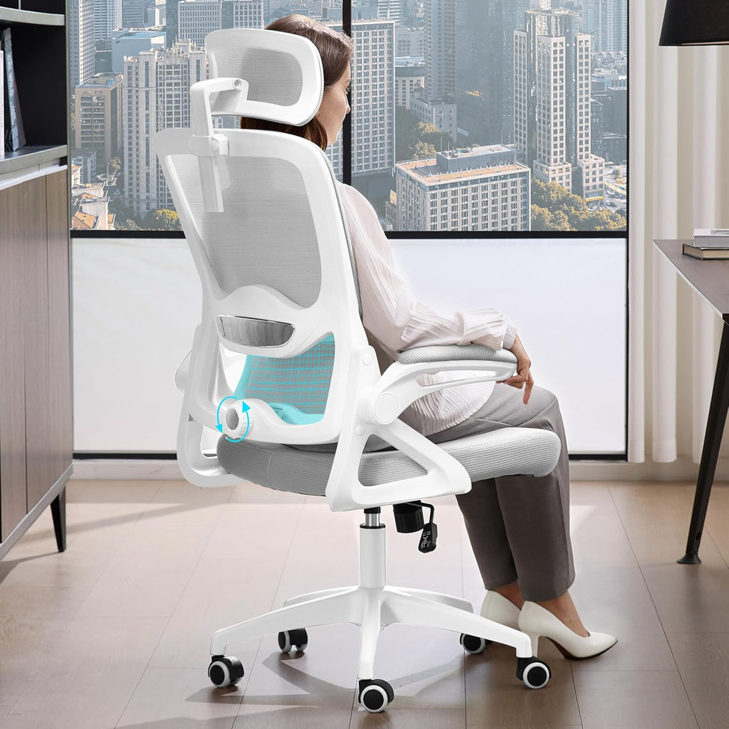 Ergonomic Office Chair,Mesh Office Chair with Lumbar Support,High Back Desk Chair with Flip-up Arms,400 lbs Big and Tall Computer Chair with Headrest,Comfy Desk Chairs (Light Grey)
