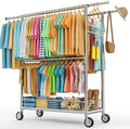 Heavy Duty Clothes Rack Load 960LBS, Three Rods Rolling Clothing Racks for Hanging Clothes, Rolling Garment Rack With Sturdy Wheels Shelves Hooks, Portable & Adjustable Commercial Garment Rack, Silver