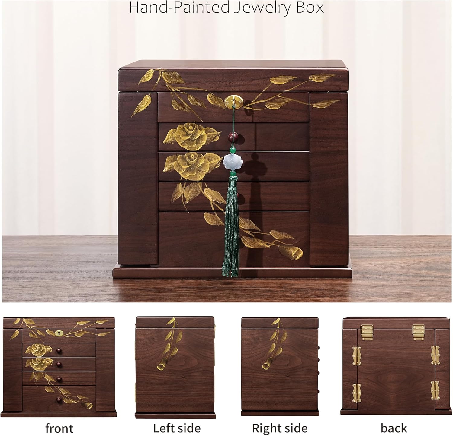 Hand-Painted rose Wooden Jewelry Boxes for Women - 8-Layer Large Lockable Jewelry Box with Compartments, Dresser Top Jewelry Organizer, Vintage Wooden Jewelry Storage