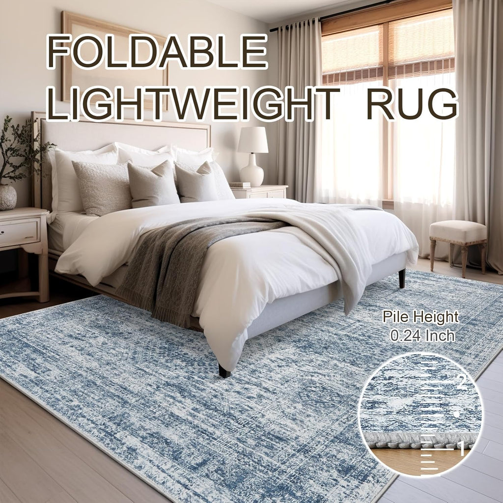 Soalmost 9x12 Area Rugs for Living Room, Non Slip Machine Washable Vintage Rugs, Low Pile Lightweight Large Rug for Bedroom, Dining Room, Home Office Blue