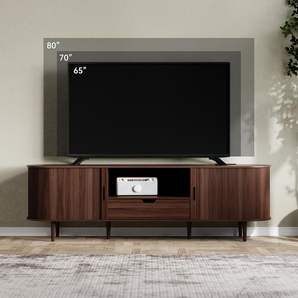 DHH 71" Fluted TV Stand with Power Outlet for TVs up to 80", TV Console with Adjustable Shelves and Sliding Door,Mid Century Modern Entertainment Center for Living Room,Bedroom (Walnut, 71Inch)