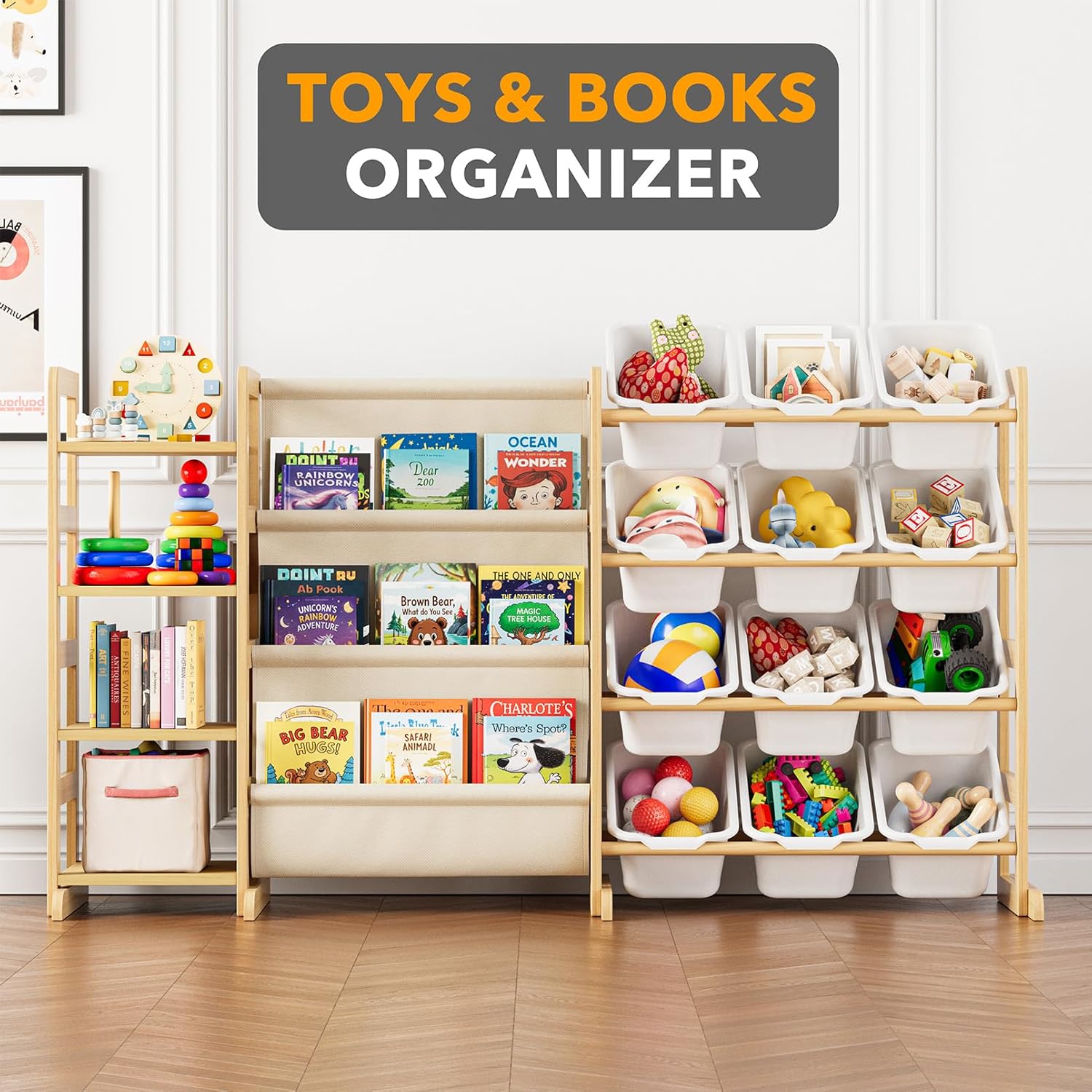 SpaceAid 3-in-1 Toy Storage Organizer with 4 Shelves and 12 Bins, Toy Organizers Storage 3-Tier Bookshelf, Kids Bin Shelf Box Bookcase for Bedroom Playroom Organization Room Decor, White