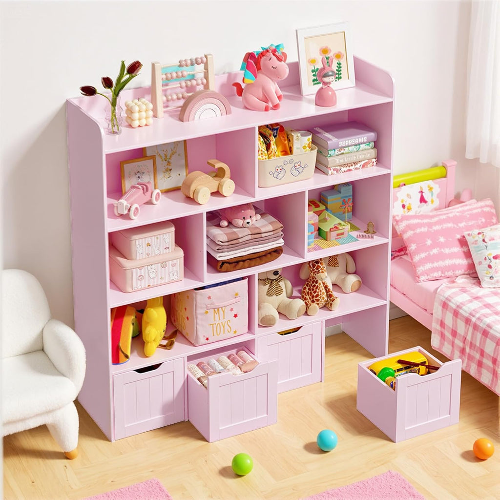 Gizoon Toy Storage Cabinet and Kids Bookcase with 4 Movable Drawers and 8 Open Shelves Toy Chest Shelf Organizer with Hidden Wheels for Playroom Nursery Kids Room, Pink