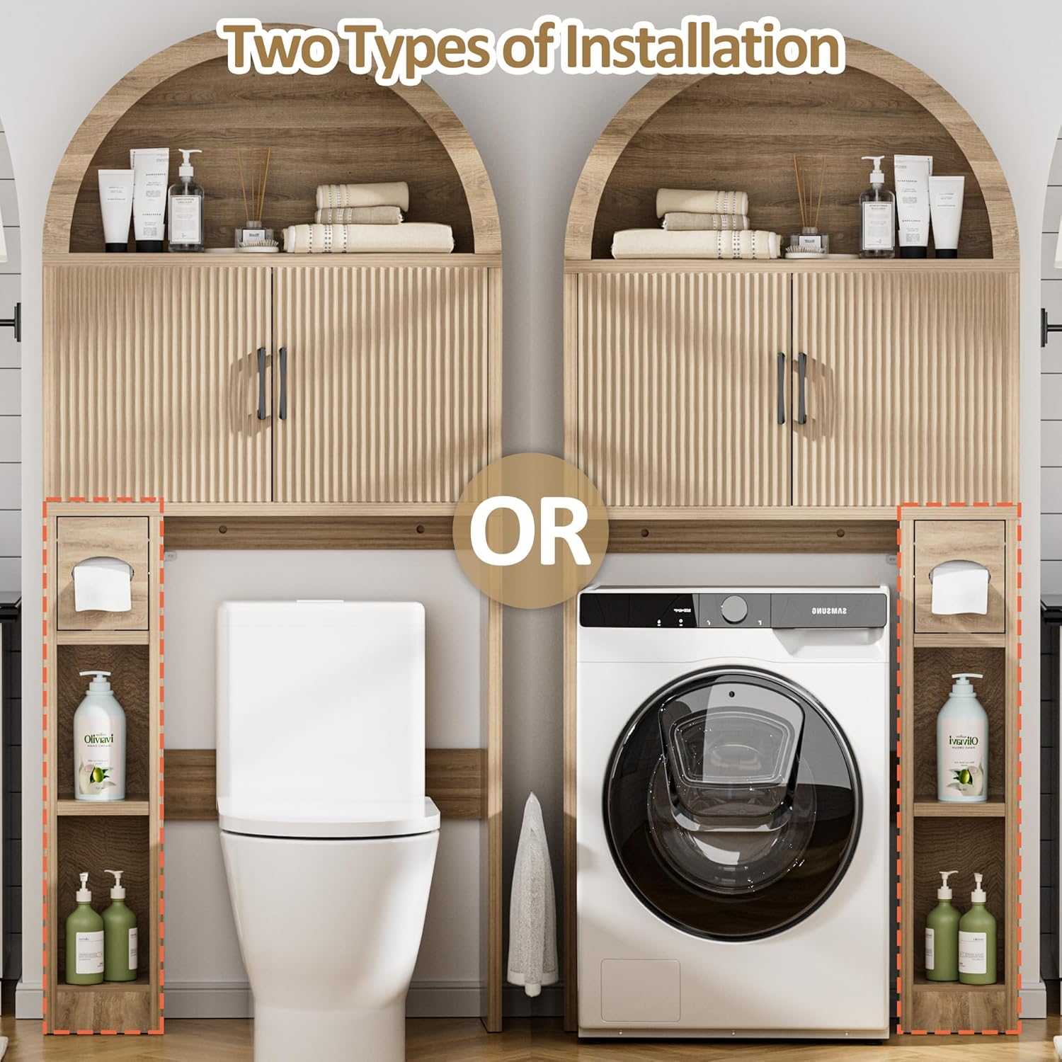 Spurgehom Over The Toilet Storage Cabinet, Bathroom Shelf Organizer Freestanding, Bathroom Arch Cabinet Over Toilet with Toilet Paper Holder and Anti-Tipping Device, Wood