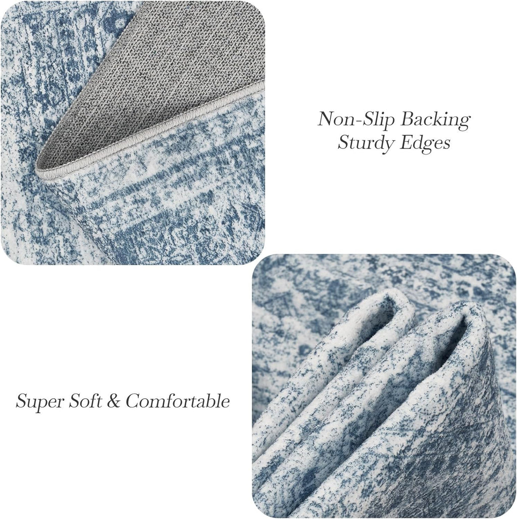 Soalmost 9x12 Area Rugs for Living Room, Non Slip Machine Washable Vintage Rugs, Low Pile Lightweight Large Rug for Bedroom, Dining Room, Home Office Blue