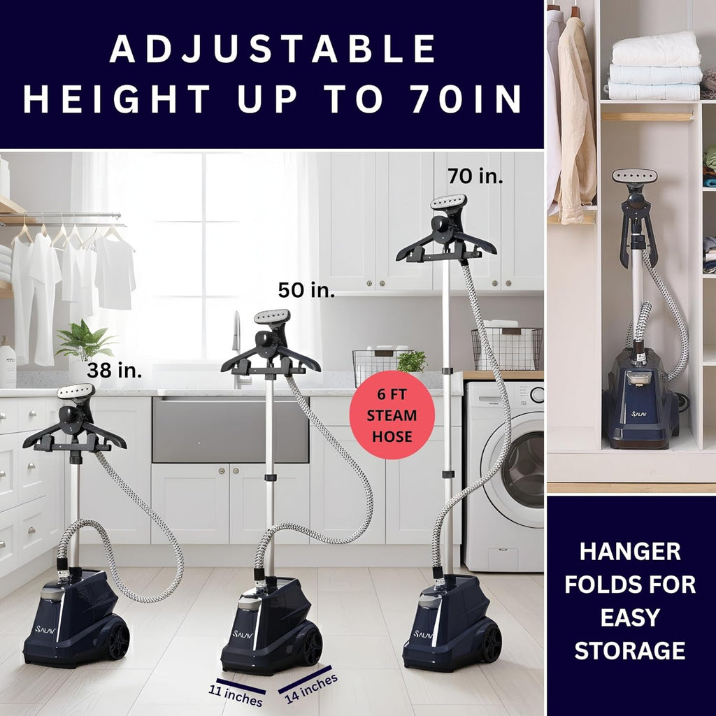 SALAV® Heavy Duty Smart Auto Shut-off Commercial Full-Size Garment Steamer, Beeping Alert when Water Runs out, Foot Pedal Control, XL 3L (101.5 oz) Tank, 1800 watts, 90+min of Continuous Steam, Navy