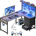 MOTPK 43” L Shaped Gaming Desk for Small Rooms, Compact Corner Computer Table with Shelf & Hutch, 4 Drawers, Reversible Study Table with LED Light, Power Outlets & USB Ports, Home Office, Grey Oak