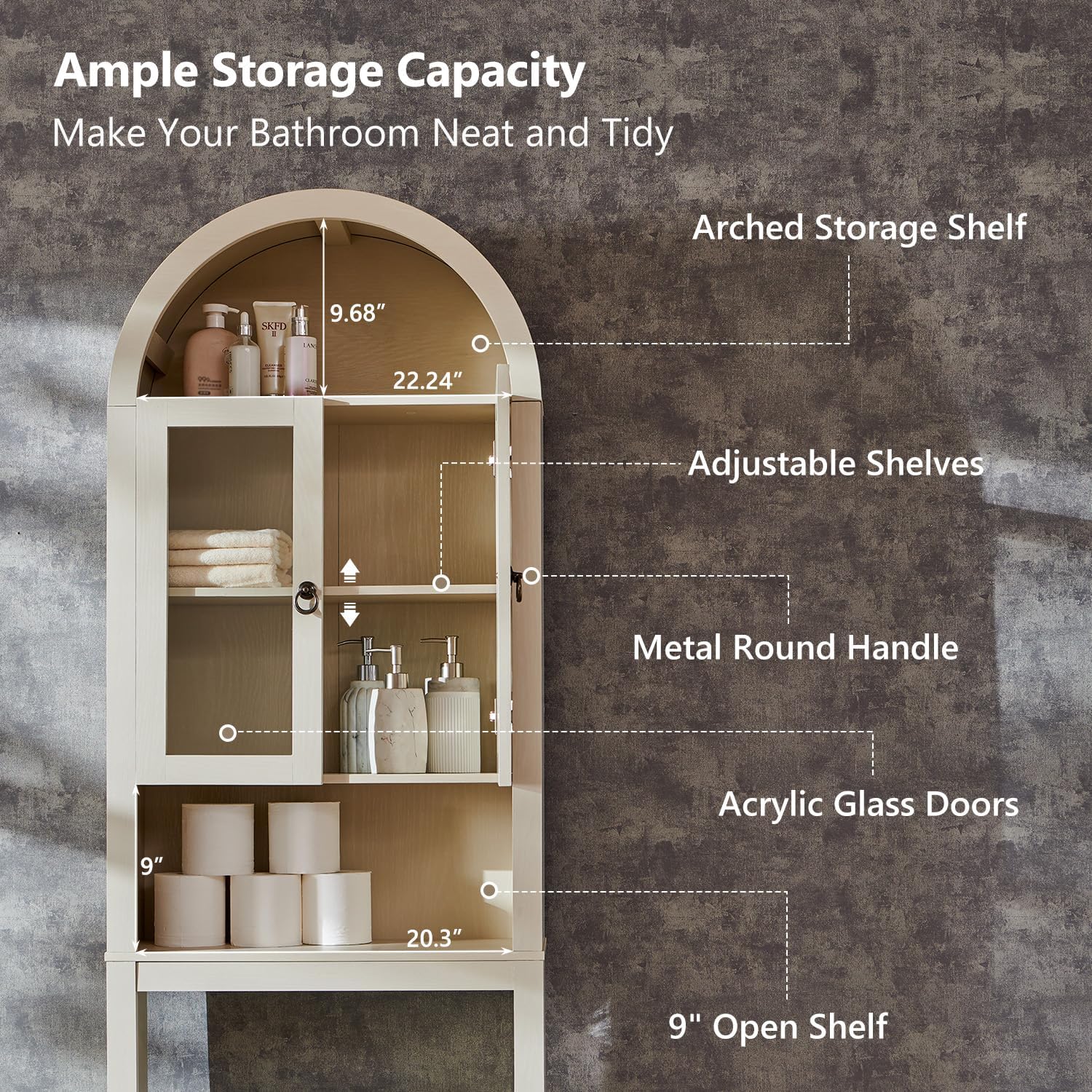 IFGET Arched Over The Toilet Storage Cabinet with Acrylic Doors, Modern Over Toilet Bathroom Organizer Shelf, Small Wooden Bathroom Storage Cabinet with Adjustable Shelf, Space Saver, Cream