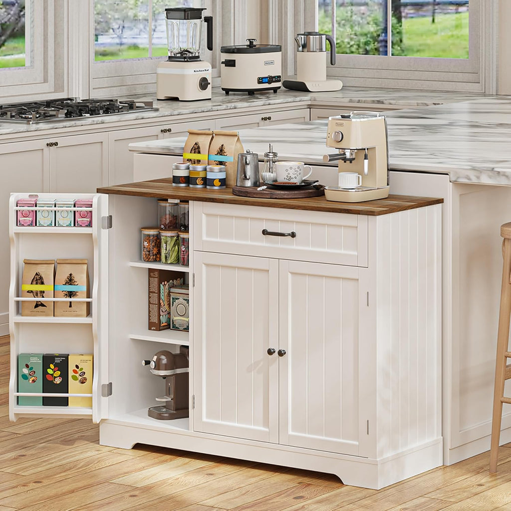 Gizoon Kitchen Coffee Bar Cabinet with Storage Kitchen Sideboard Buffet Cabinet with Drawers, Short Pantry with Door and Shelves for Bathroom and Living Room, White and Rustic