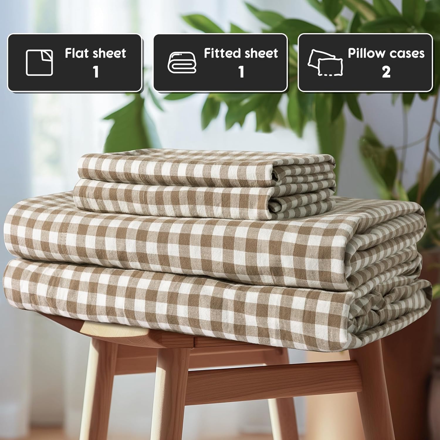 SONORO KATE 100% French Pure Linen Sheets, Breathable and Durable Linen King Size Sheets, Anti-Tear Linen Bed Sheets, Machine Washable, 16 Inch Deep Pocket - 4 Piece (Brown & White Plaid)