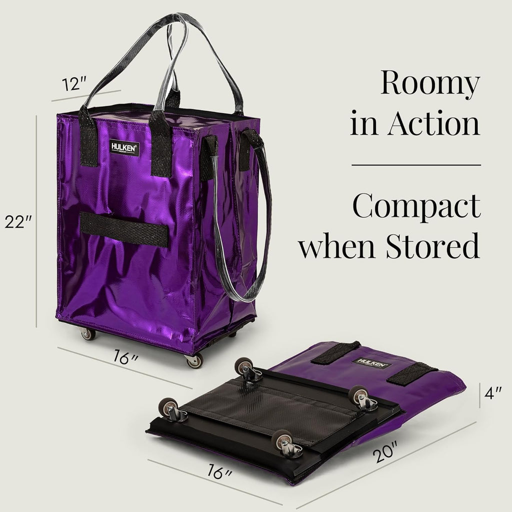 HULKEN - (Medium, Ultraviolet) Reusable Grocery Bag On Wheels, Shopping Trolley, Rolling Tote, Zipper Closure, Lightweight, Carries Up to 66 lb, Folds Flat, Unbreakable Handles