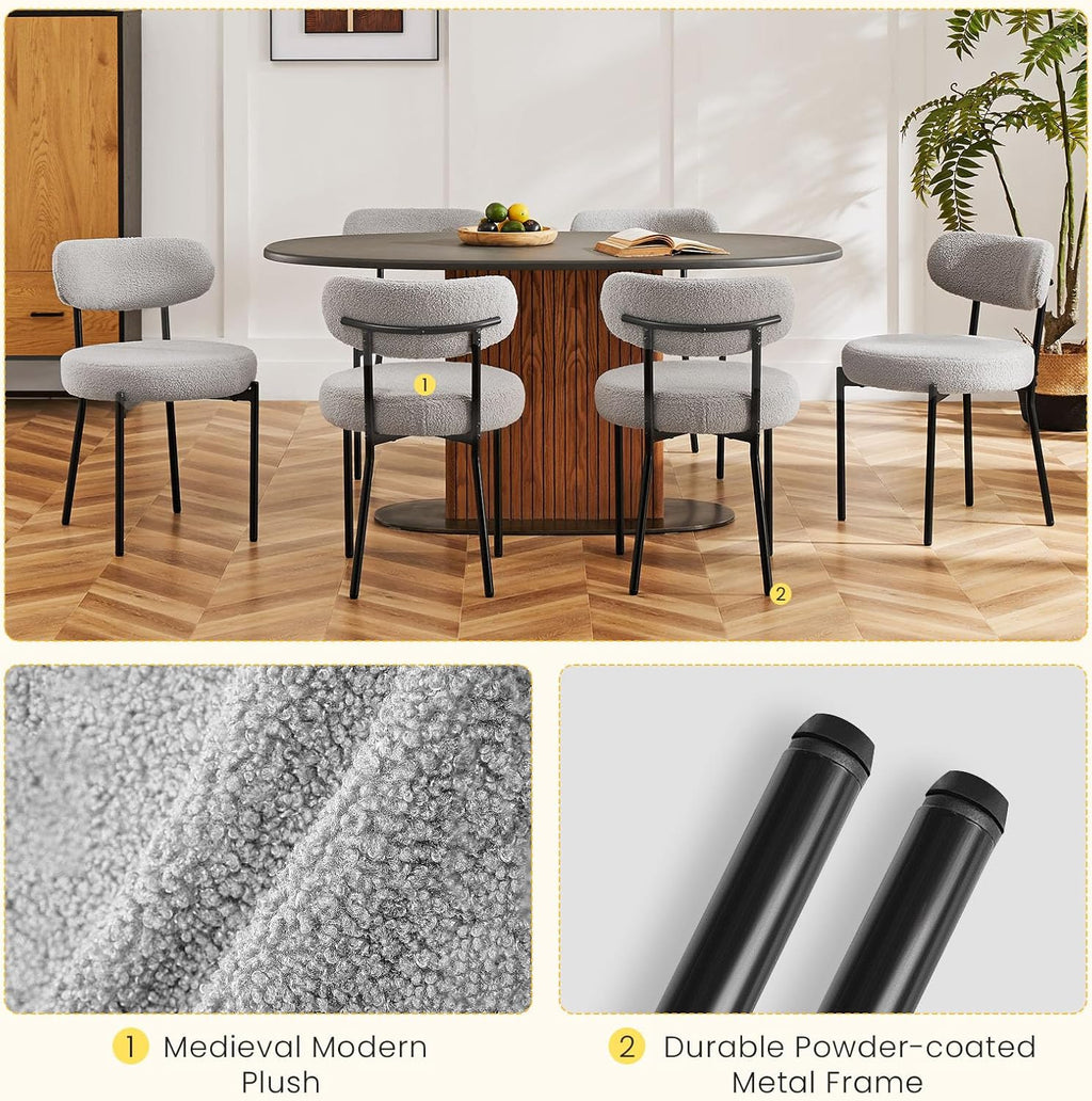 DUMOS Dining Chairs Set of 4, Mid Century Modern Chair Round Upholstered Curved Backrest, Kitchen Vanity Living Room Chairs with Black Metal Legs，Classic Grey