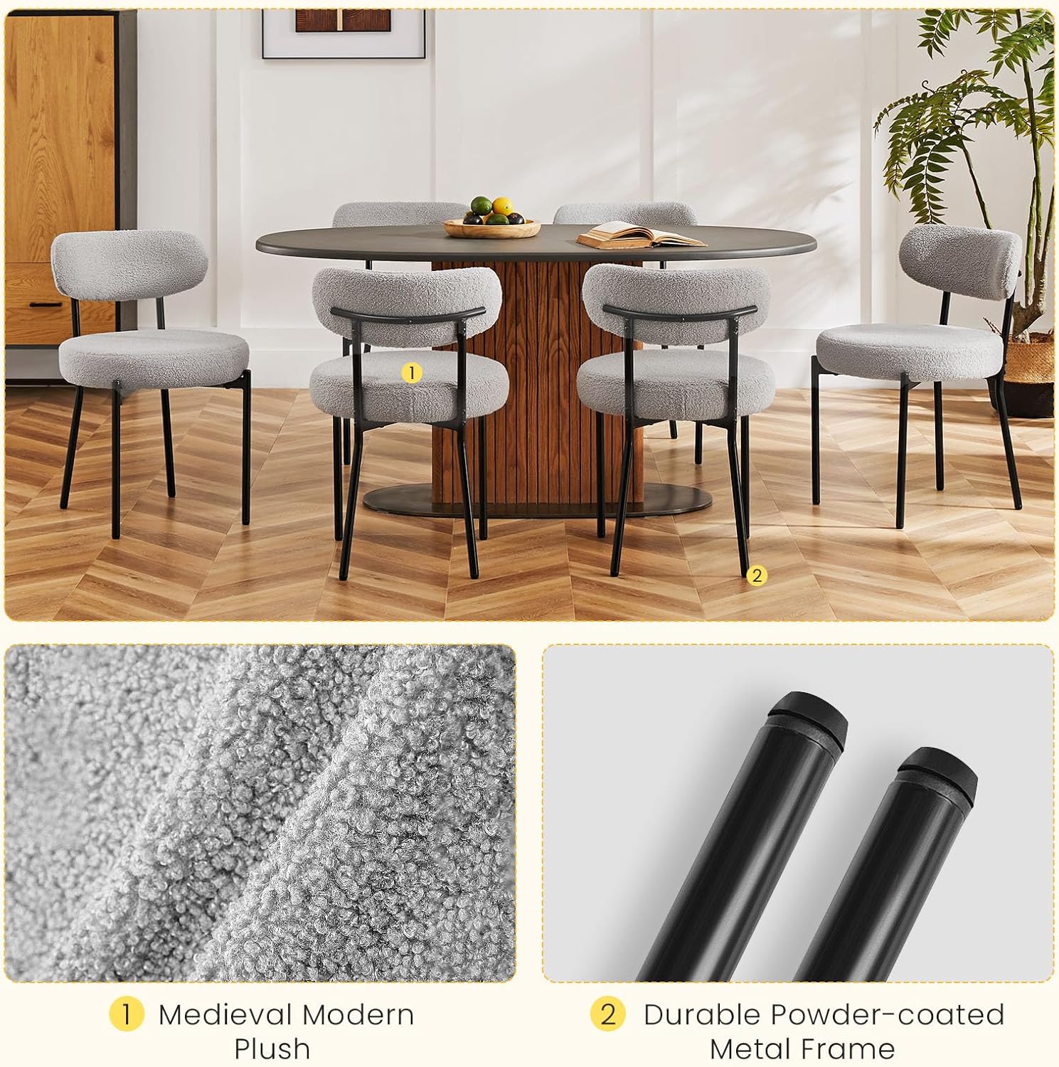 DUMOS Dining Chairs Set of 4, Mid Century Modern Chair Round Upholstered Curved Backrest, Kitchen Vanity Living Room Chairs with Black Metal Legs，Classic Grey
