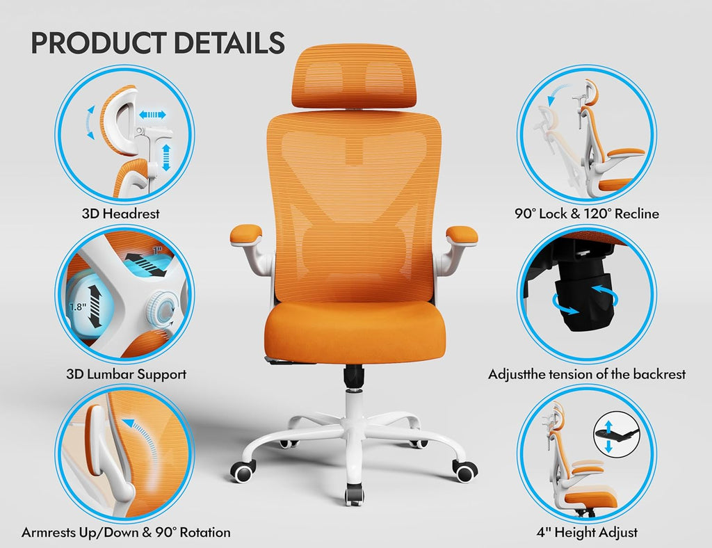 Ergonomic Office Chair - Mesh Desk Chair with Adjustable Lumbar Support High Back Computer Gaming Chairs - Big and Tall Office Chairs Adults, Comfortable for Long Hours, Orange