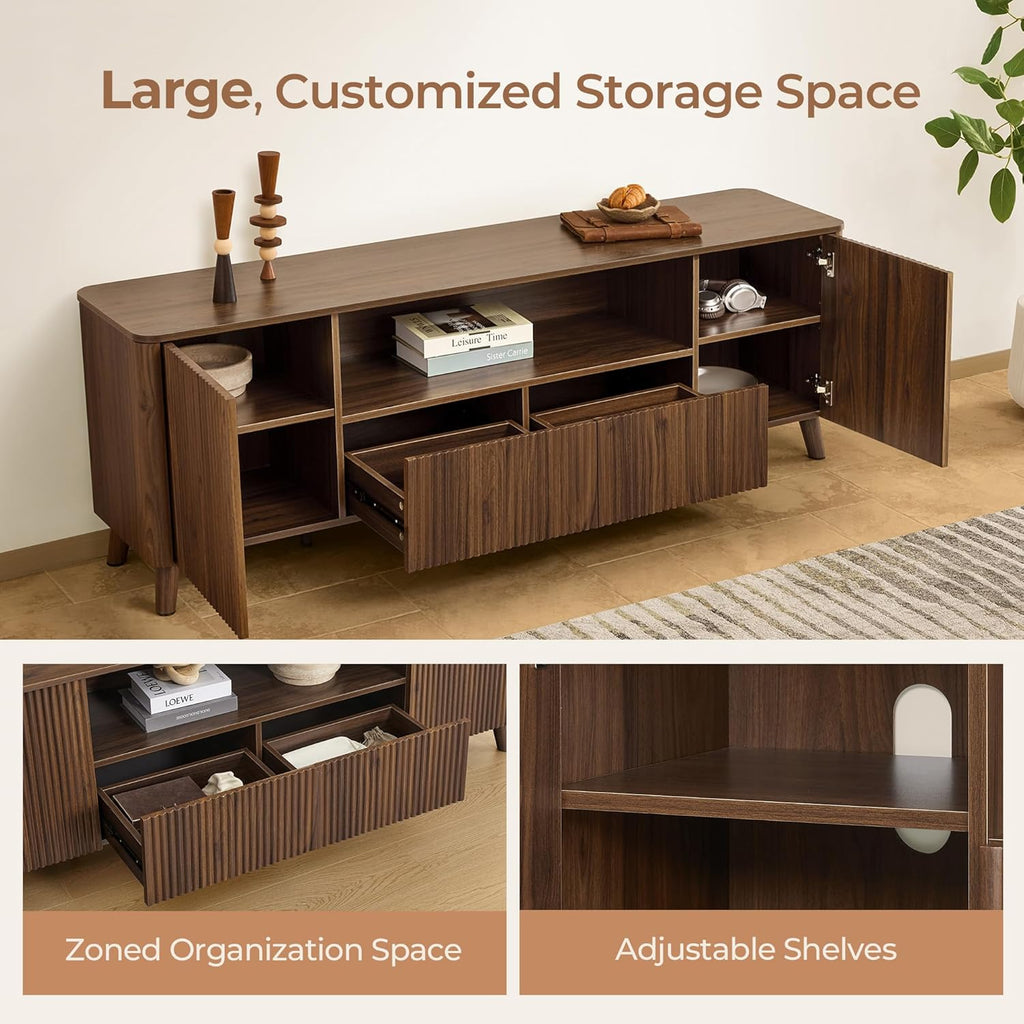 CHITA TV Stands for Living Room, Mid Century Modern TV Stand for 80 inch TV with Storage, Drawers, Adjustable Shelves, Walnut