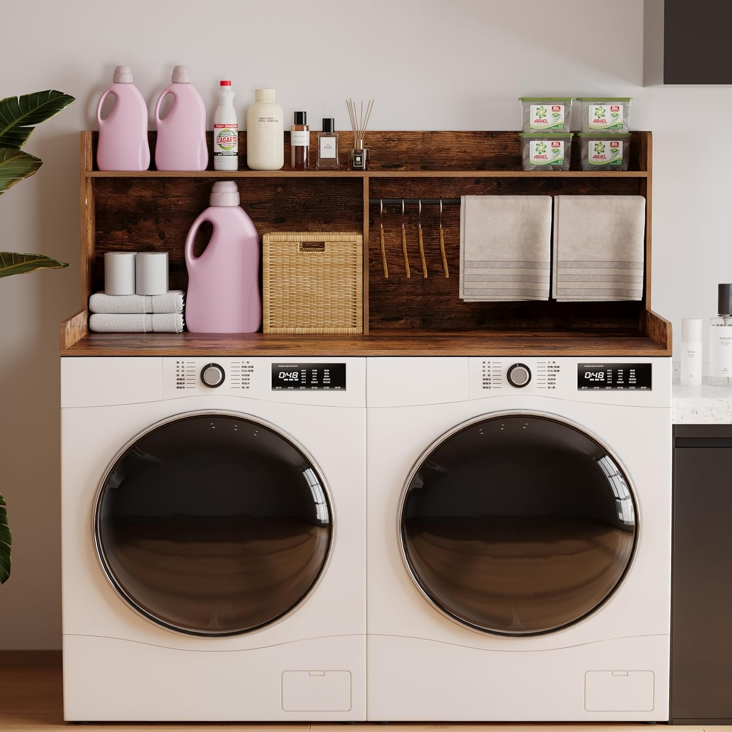 Unionly 2-Tier Washer Dryer Countertop with Clothes Rail，Laundry Topper with Edge and Non-Slip Pad for Washer and Dryer Laundry Hamper Counter Storage Organization (Rustic Brown, Full)