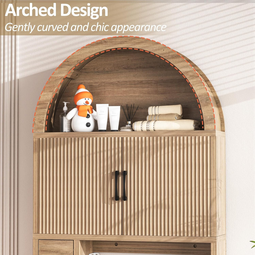 Spurgehom Over The Toilet Storage Cabinet, Bathroom Shelf Organizer Freestanding, Bathroom Arch Cabinet Over Toilet with Toilet Paper Holder and Anti-Tipping Device, Wood