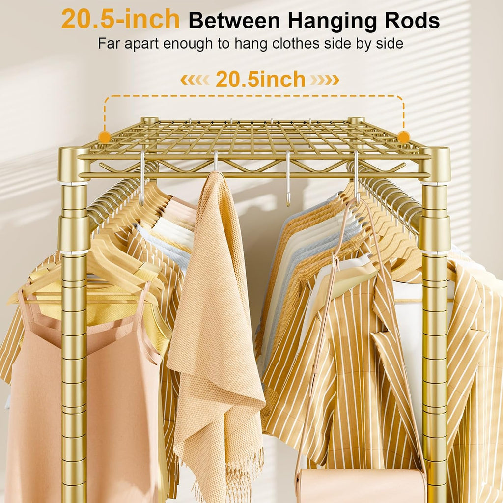 ULIFHOME P4 Plus Rolling Clothes Rack Heavy Duty, Clothing Racks for Hanging Clothes, Free Standing Garment Racks with Wheels, Portable Closet Rack 45'' W × 20.5'' D × 80.5'' H, Max Load 570 Lbs, Gold