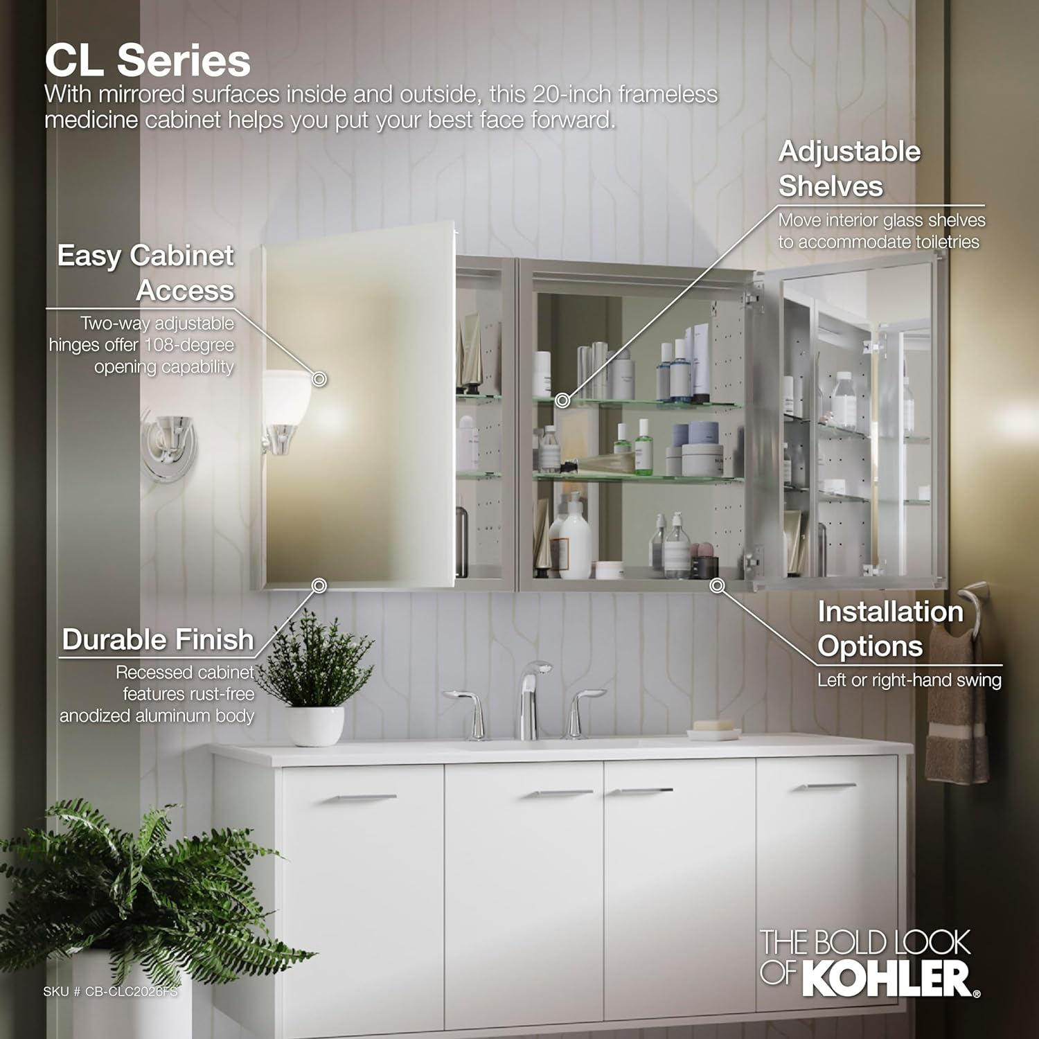 Kohler CB-CLC2026FS Frameless Bathroom Mirror Medicine Cabinet, Single Door, Rectangular Beveled Edge Frame, Bathroom Cabinet Mirror, Adjustable Shelves, 20 in. W x 26 in. H