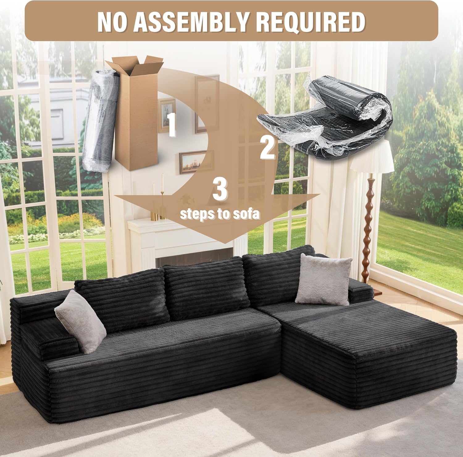 Hobestluk Modular Sectional Sofa Couches L-Shape Couch 3 Seat Modular Sofa Memory Foam Sectional Couches for Living Room, Cloud Couch with Oversized Chaise (96" Right Facing Chaise)
