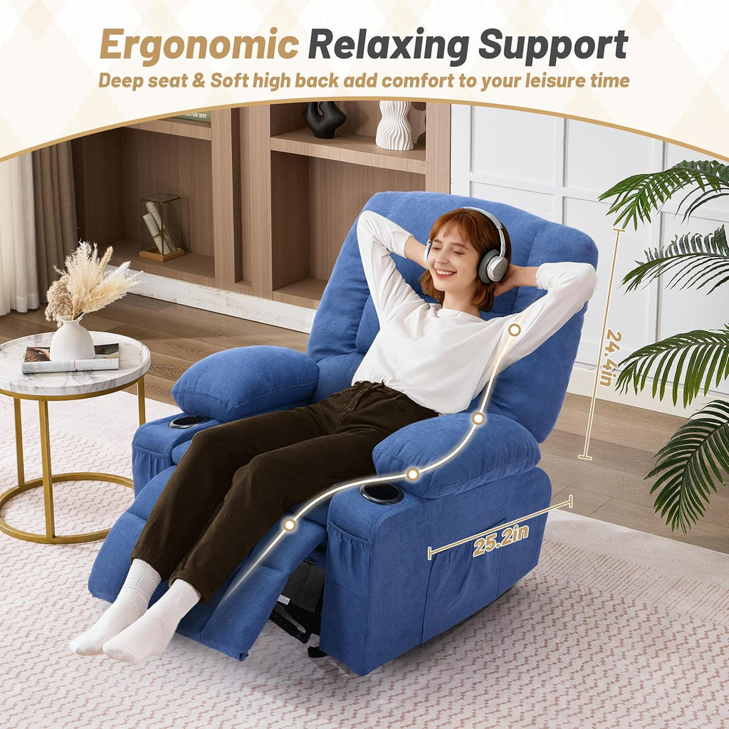 Rocker Recliner Chair with Massage and Heat, Nursery Rocking Chairs for Living Room, Ergonomic Comfy Relining Chair with Cup Holders, USB Charge Port, Side Pockets, Recliner Sofa, Blue